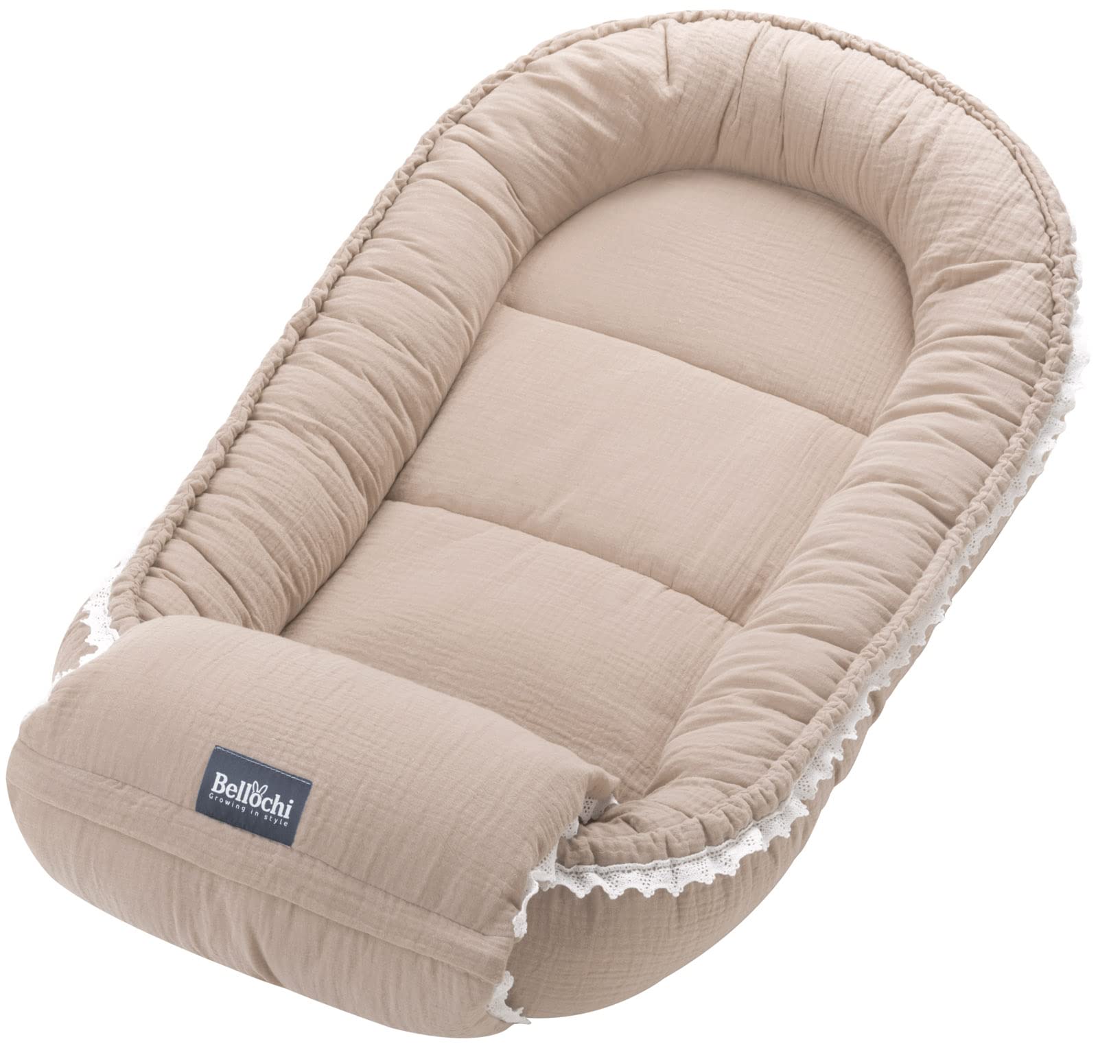 Bellochi Reducteur de Lit Bebe avec Coussin d'allaitement, Cale Bebe pour Lit, Cocon Bebe – Mousseline - 0-12 Mois - Nid de Bebe, Baby Nest - 90x60 cm - Cuddly Muslin Beige