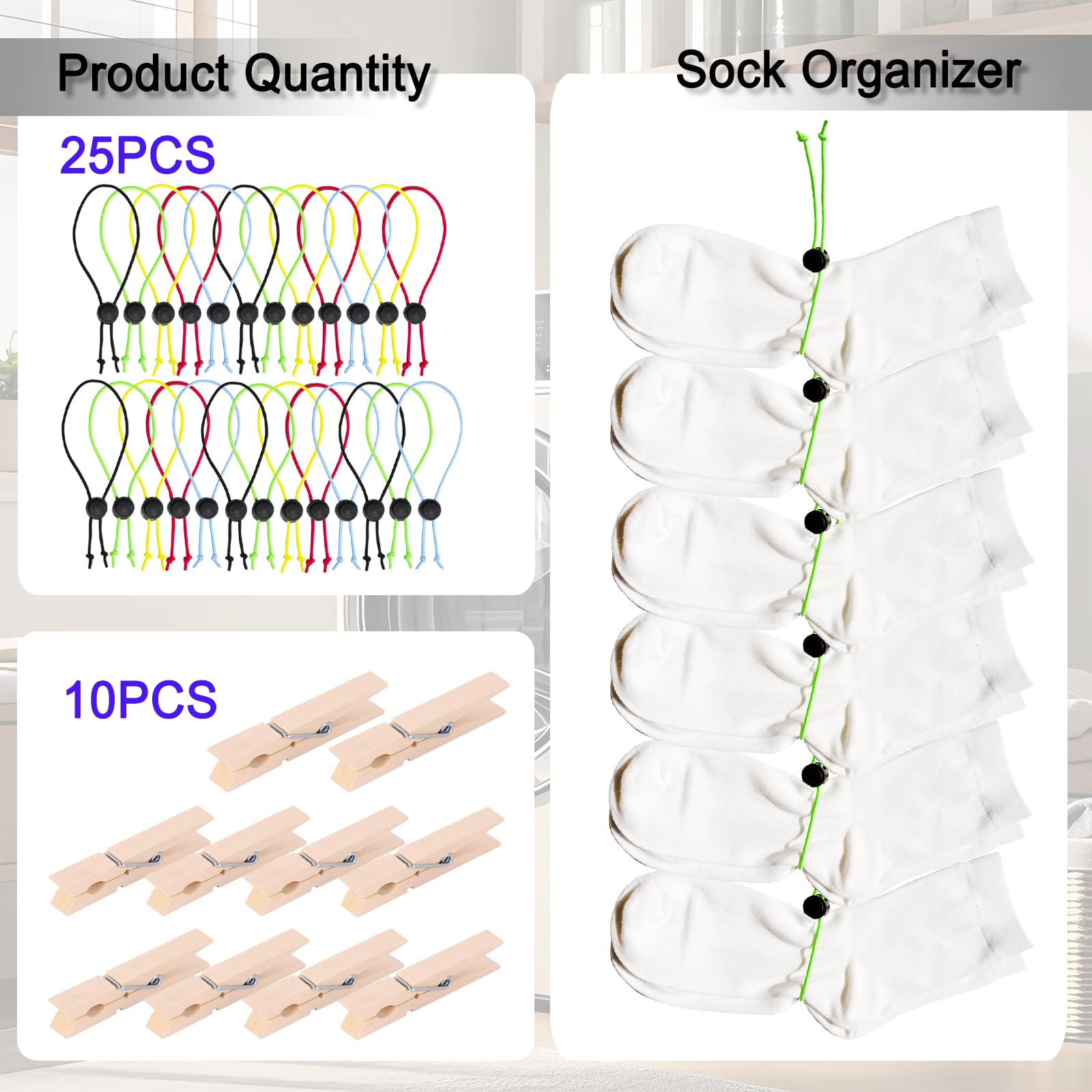 35-teiliges Wäscheklammern-Set enthält 25 Sockenclips für Wäsche, Nylonband, Socken-Organizer, 10 Holzklemmen, Ihre Socken-Wäsche organisieren Krawatten-Clips, Socken-Organizer zum Waschen (35)