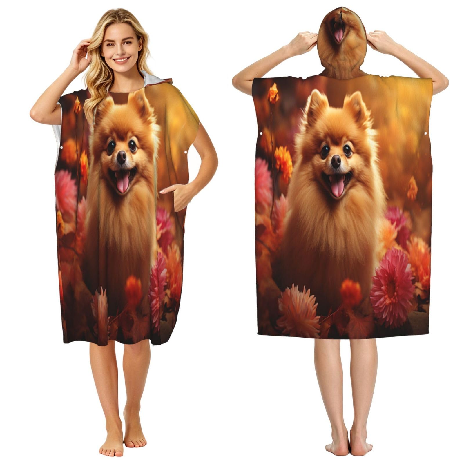 DTHKJNLSF Flowers And Cute Puppy Adult Hooded Beach Poncho Towel