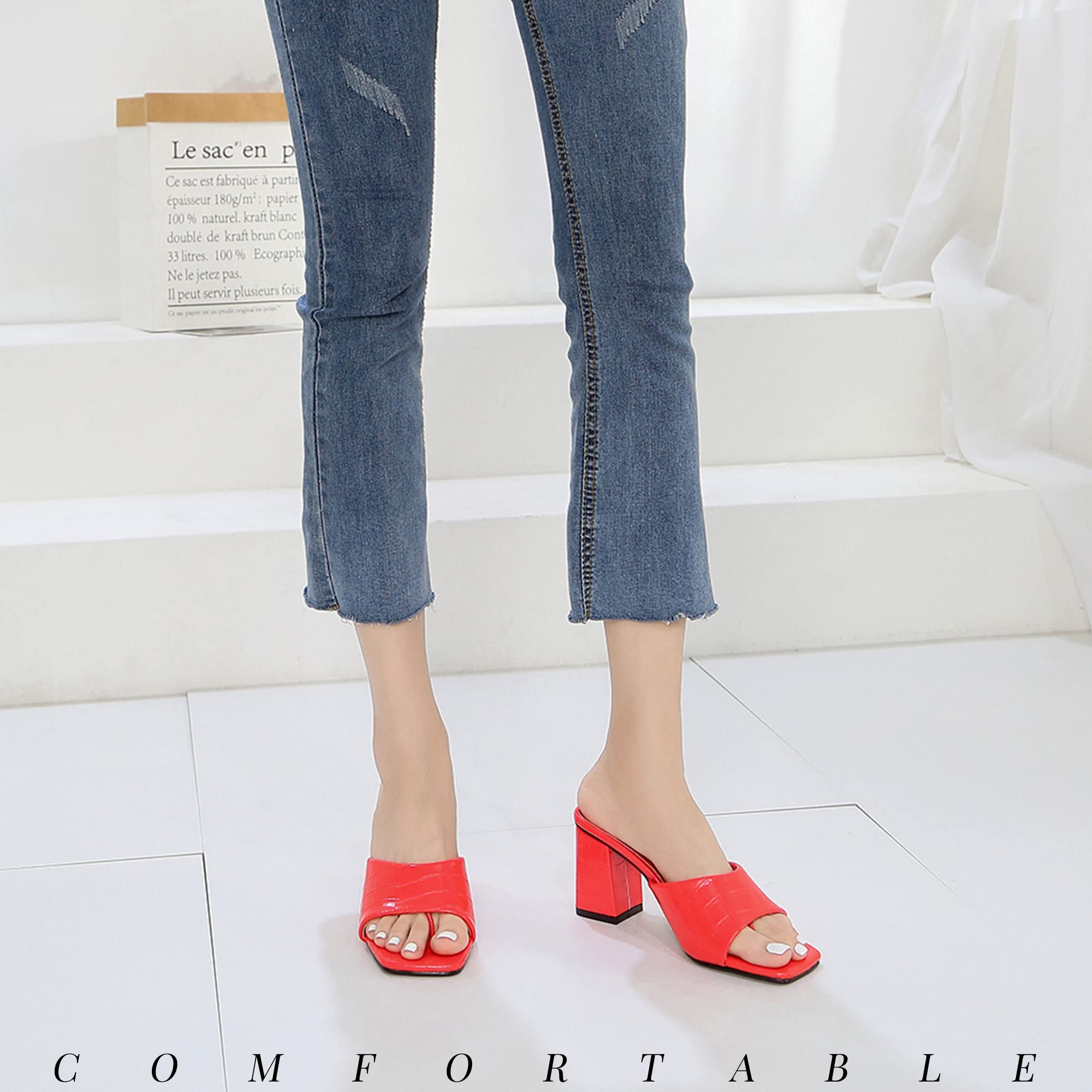 CAMSSOO Women's Square Open Toe Heeled Mules Flip Flops Chunky Heels Slip On Sandals Block High Heel Fashion Wedding Dress Shoes