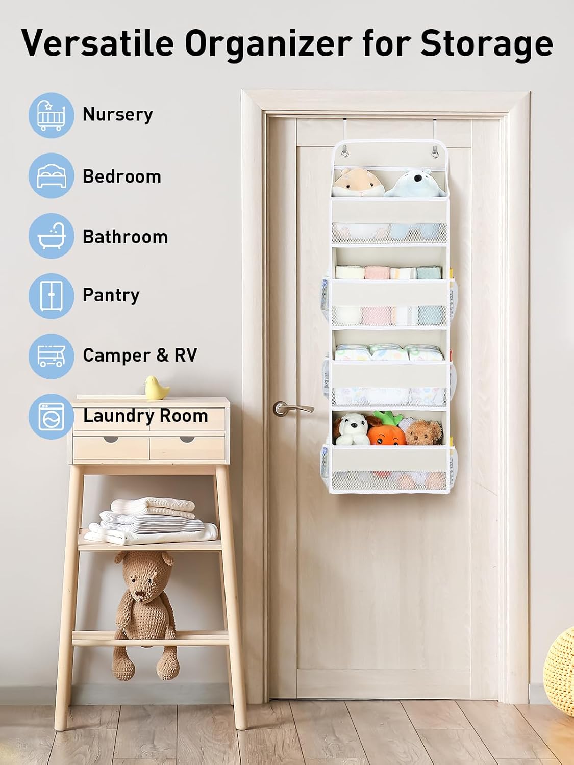 Yecaye Over the Door Organizer, 35.2lbs Load Toy Stuffed Animal Storage, Bathroom Organizers and Storage for Nursery Newborn Baby Essential Stuff Dorm Room Essentials, Cream White 4 Tier