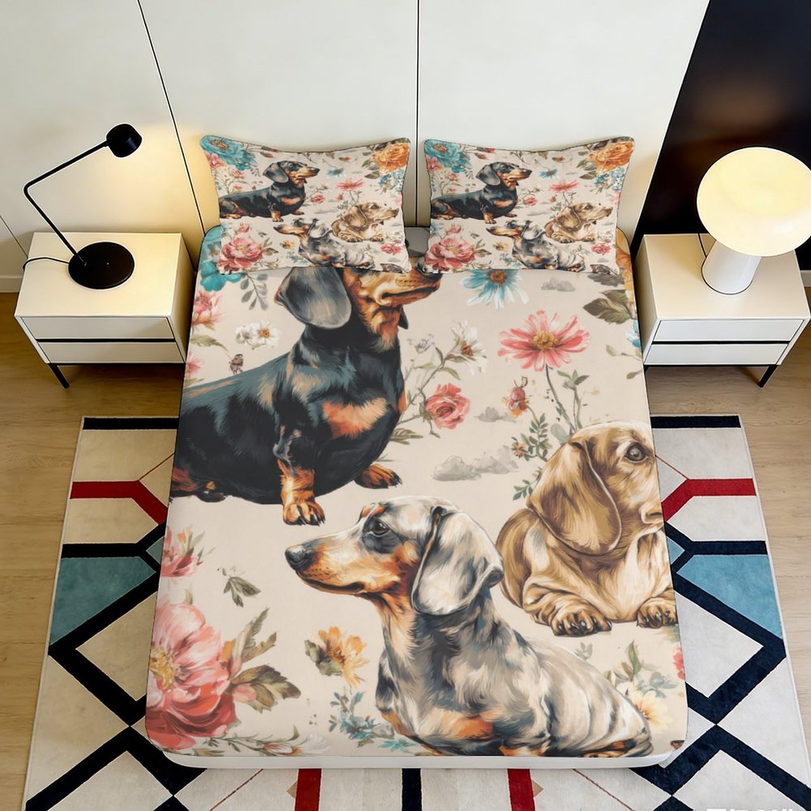 3D Printed Dachshund Dog Floral Fitted Sheet Microfiber Soft Breathable Mattress Cover for Bedroom Guest Room Decor 90x200x25cm