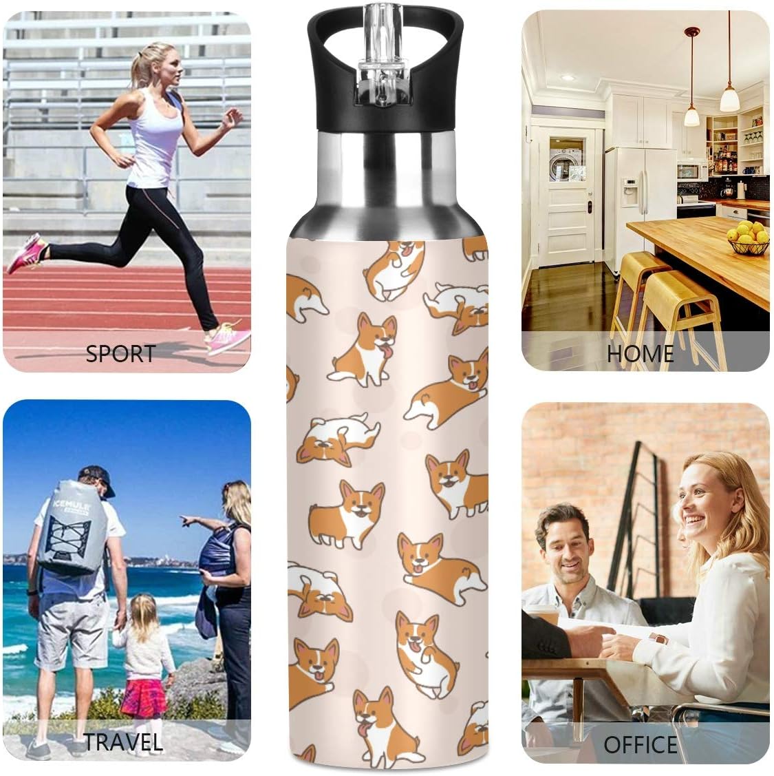 Blueangle 22 OZ Cartoon Corgis Pattern Water Bottle with Straw, Sports Water Bottle BPA Free Stainless Steel Water Jugs for Gym, Kitchen, Working, Outdoor