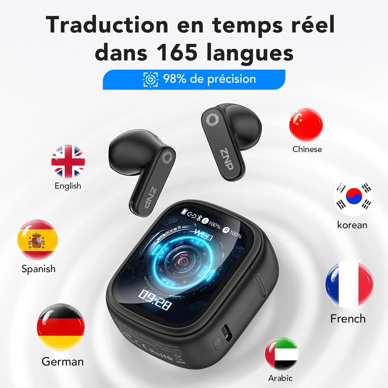 N02 Écouteurs Traducteurs Instantanés avec Assistant IA, 4 en 1, Bluetooth 6.0, Oreillettes de Traduction, 165 Langues, 48H d’Autonomie, Son HiFi, 9 Modes de Traduction pour Affaires/Voyages/Études