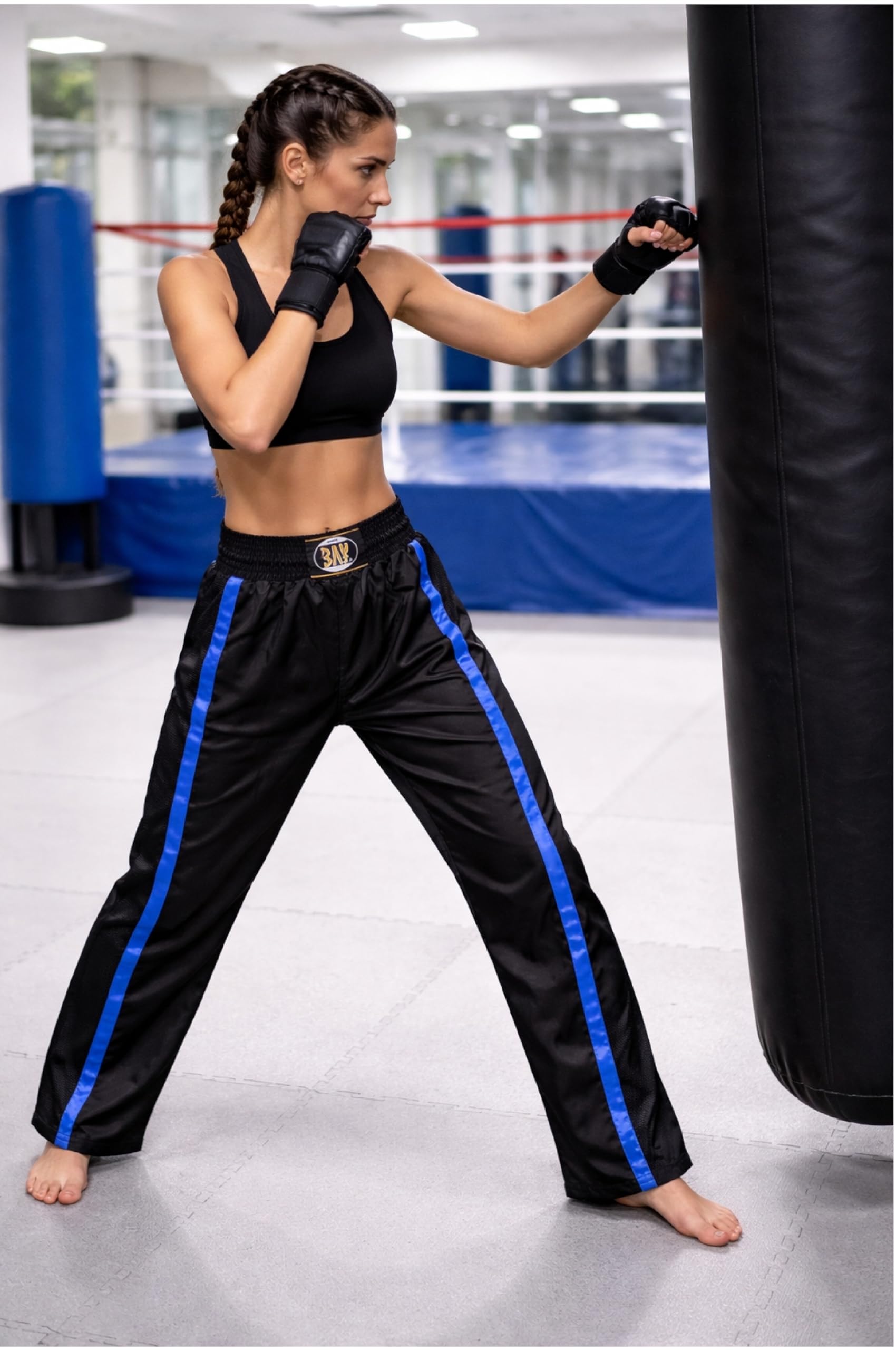 Bay Netz Mesh Kickboxhose Kampfsporthose Schwarz lang Mesh-Netzeinsatz Kontraststreifen in Blau seitlich Polyester Erwachsene Damen Herren Kinder Jungen Mädchen Größen 5XS - XXL