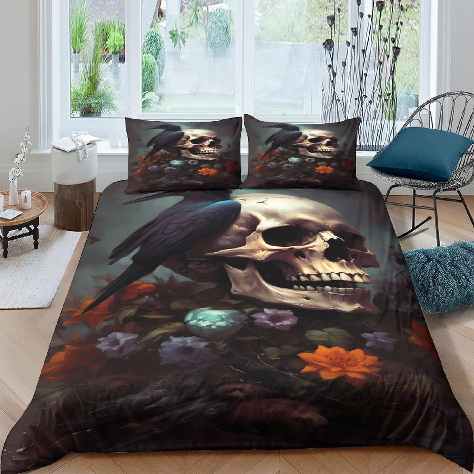GPLZQXKJNH 3D Printed Skull Raven Duvet Cover Microfiber Soft Floral Gothic Quilt Cover Set with 2 Pillowcases for Bedroom Decor Single（135x200cm）