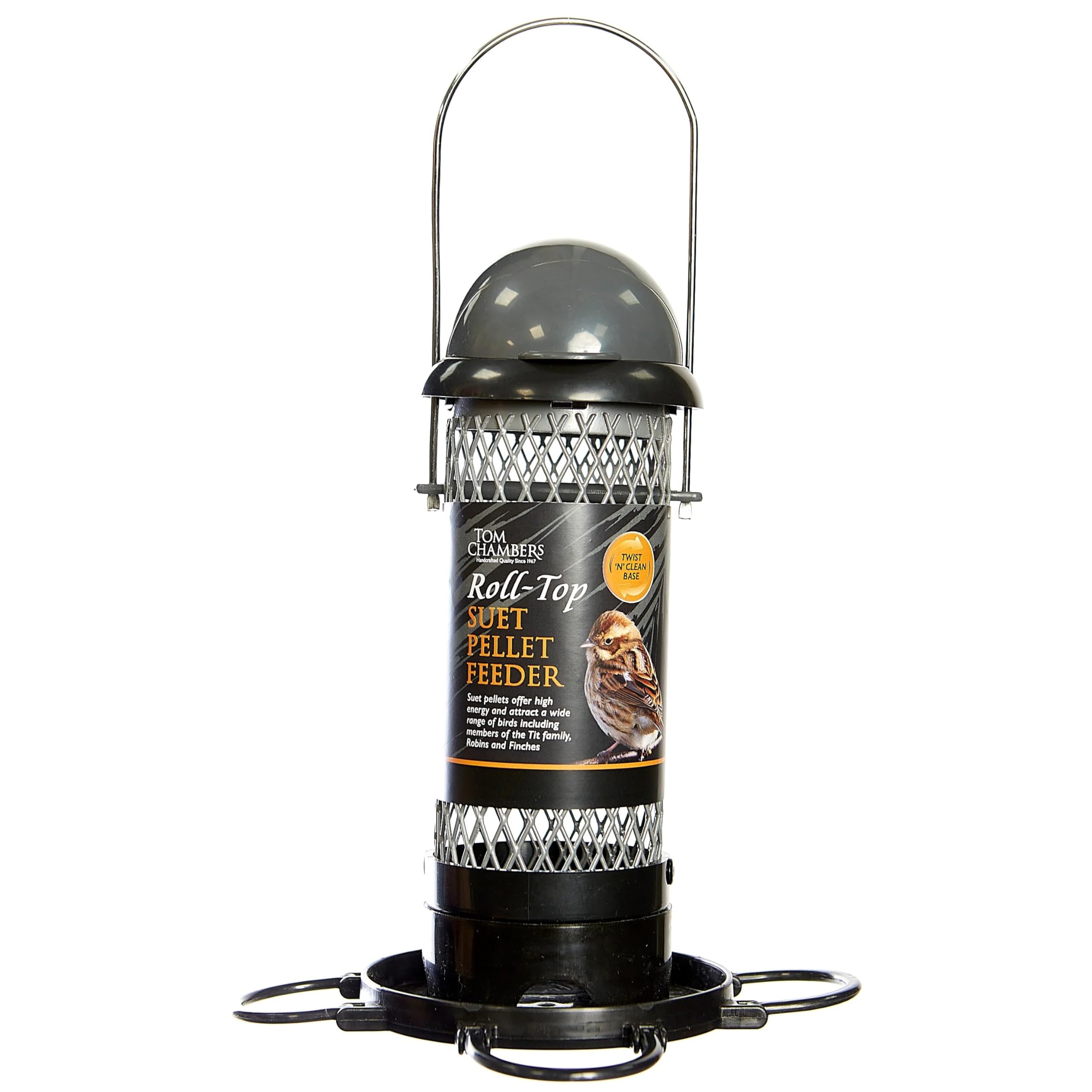 Tom Chambers Roll Top Suet Pellet Bird Feeder with Hanger - Wildlife Feeding Station for Small Birds with Perches, Easy Fill Durable