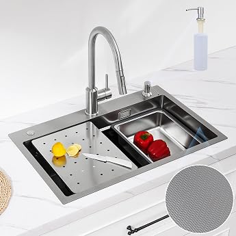 CECIPA Kitchen Sink Stainless Steel 70 x 45 cm Kitchen Sink with Soap Dispenser and Siphon Sink Including Replacement Indoor Sink and Cutting Board Kitchen Sink with Tap Hole Built-in Sink for from 80 cm