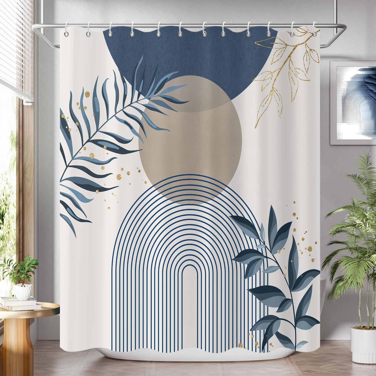 GCIREC Shower Curtain, 90x180cm, Blue Khaki Boho Mid Century Modern Abstract with Minimalist Leaf Waterproof Fabric Machine Washable Bathroom Curtain with Hooks