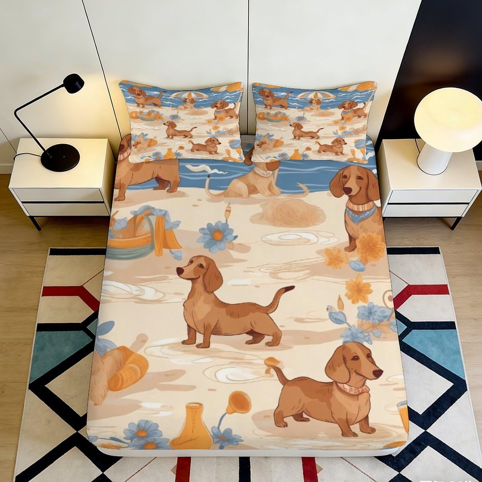 3D Printed Dachshund Dog Fitted Sheet Microfiber Soft Orange Cartoon Mattress Cover for Bedroom Guestroom Decor 90x200x25cm