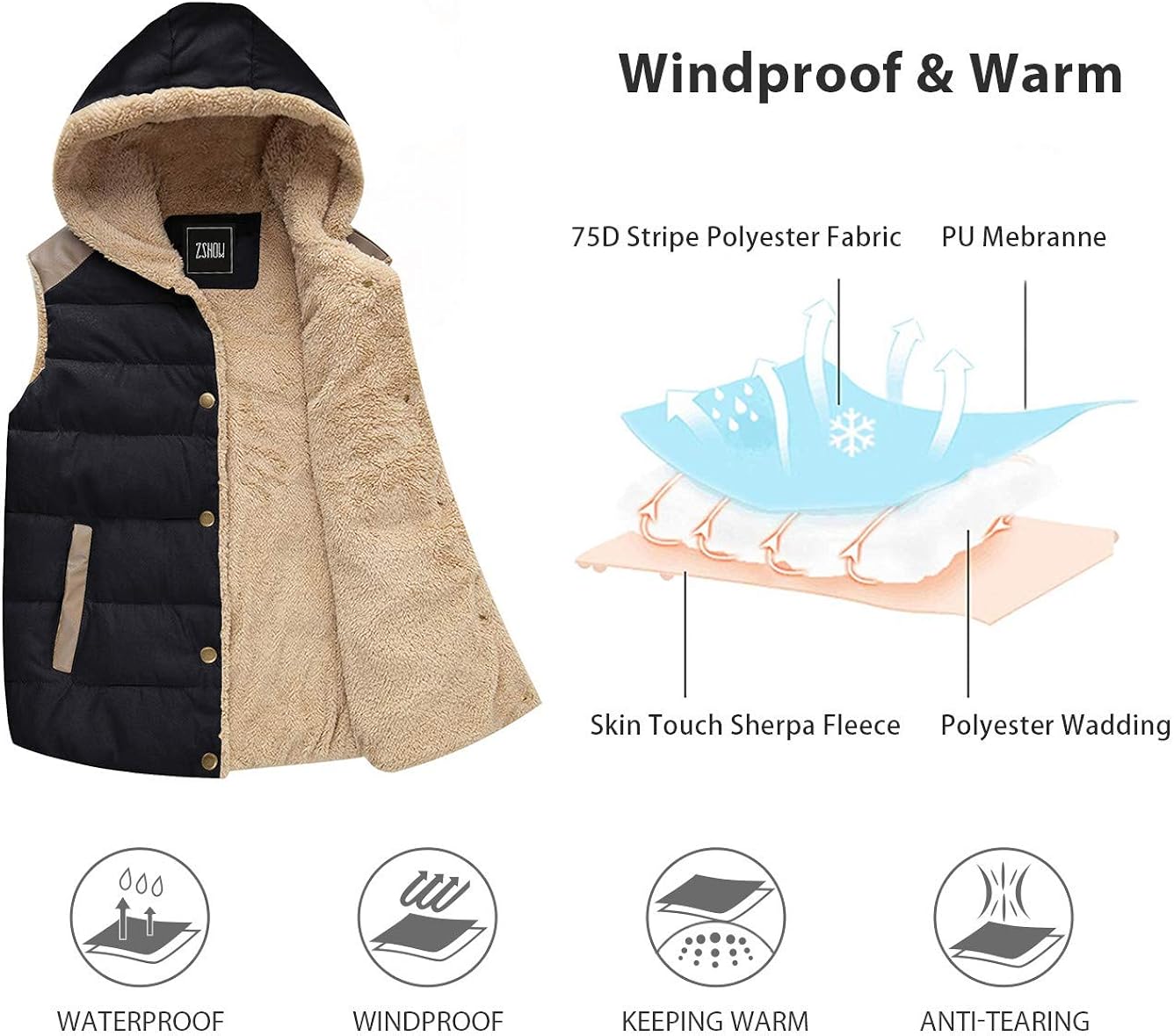 ZSHOW Women's Outwear Casual Thicken Qulited Hooded Vest Padded Fleece Jacket : Sports & Outdoors