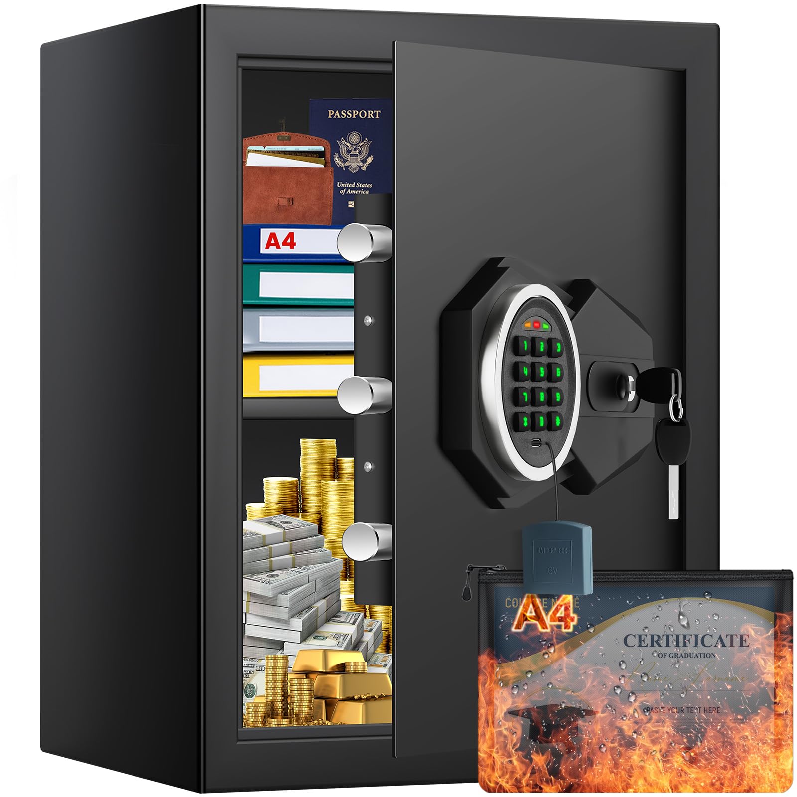 Large Home Safe Box Fireproof Waterproof with A4 Fireproof Bag and Backlit Keypad, 43.4L Anti-theft Fireproof Safe with Removable Shelf and Alarm Mode, Fire Safes for Money Jewelry A4 Document