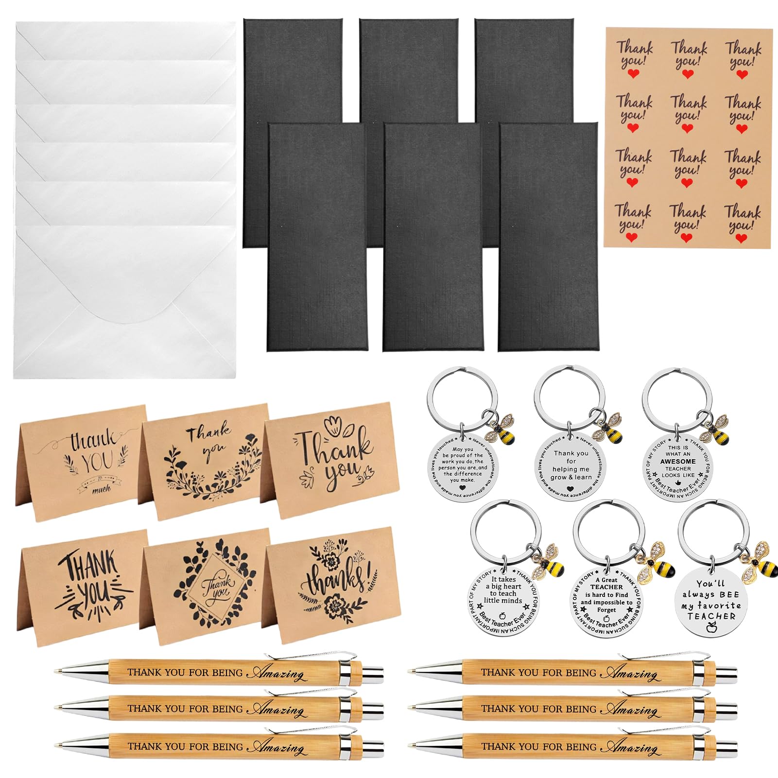 Crittygo 6 Pack Gift for Teacher, Thank You Teacher Gifts with Keyring Thank You Cards Envelopes Pens Sticker, Appreciation Gifts for Teachers Colleague