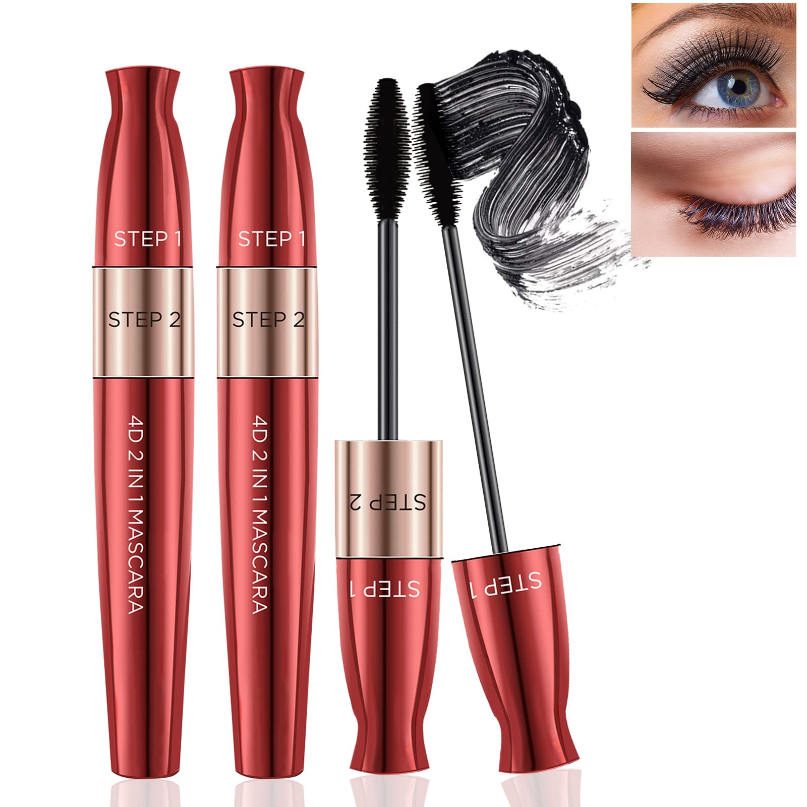 2 Pack 4D Silk Fiber Lash Mascara, 2 in 1 Mascara Waterproof Mascara Black for Natural Lengthening and Thickening Effect, Smudge-proof No Clumping No Flaking Natural Eye Makeup