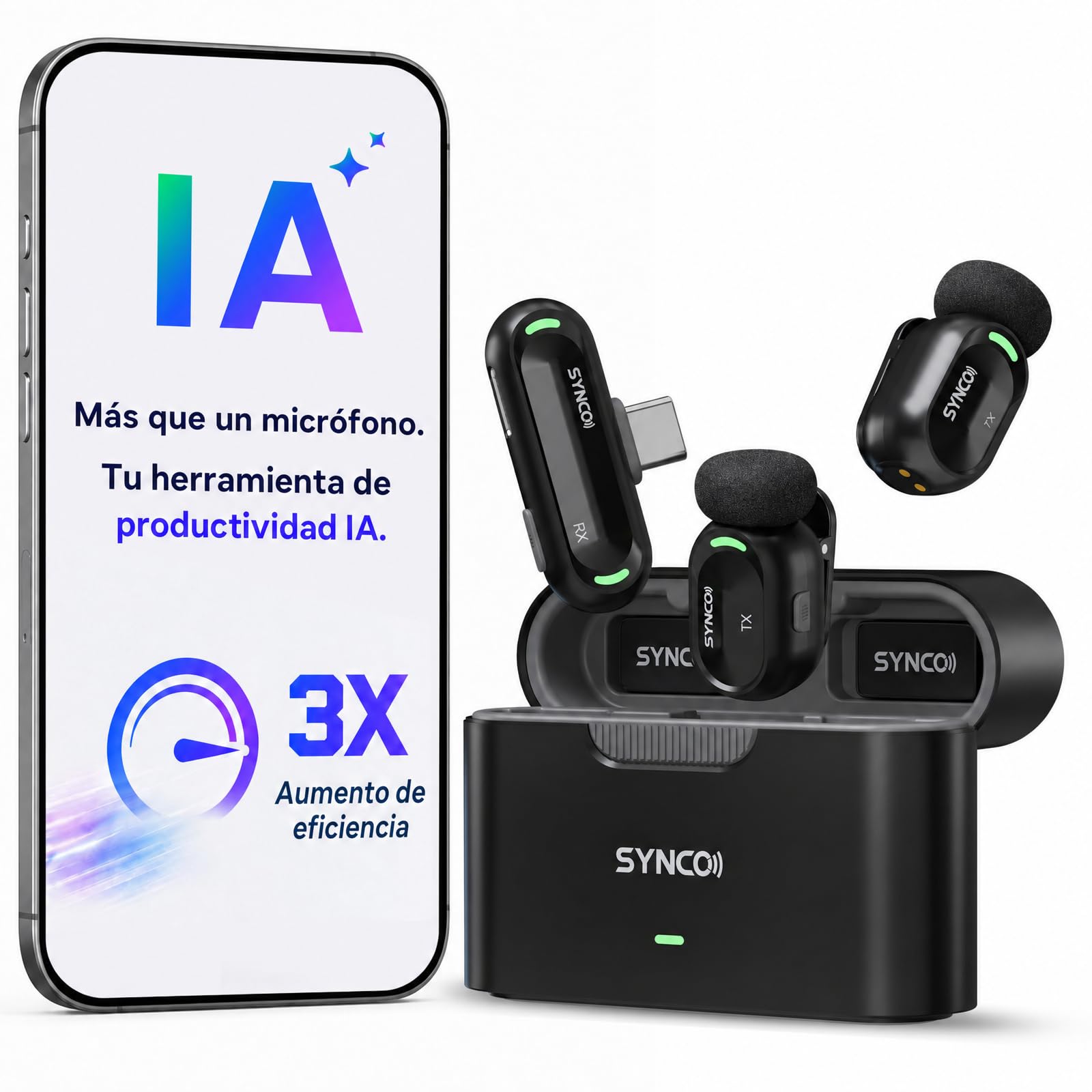 SYNCO SMICT Micrófono de Solapa Inalámbrico IA para Android | App AI Bluetooth, Traducción en Tiempo Real, Reducción de Ruido, 2 Micrófonos USB-C para Vlog y Streaming