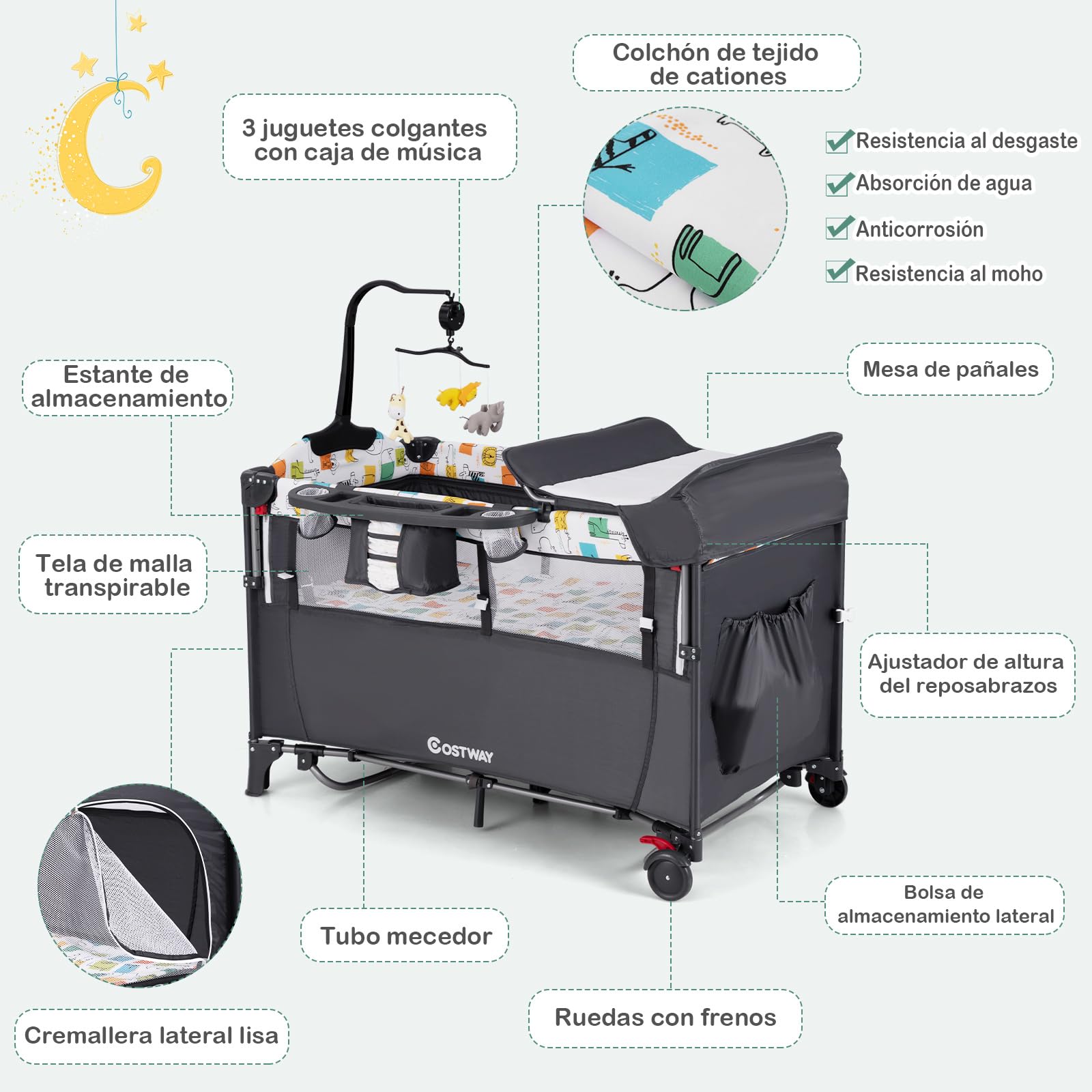 COSTWAY Cuna de Viaje Convertible 5 en 1 con Cambiador, Bolsillo de Almacenamiento, Centro de Guardería para Bebés, Juguetes Colgantes, Cuna Ajustable de 4 Niveles con Ruedas y Frenos (Gris)