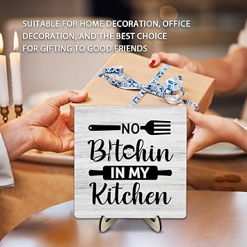 Black and White Kitchen Decor Sign,Kitchen Decor Wooden Plaque, Rustic Wooden Plaque Kitchen Farmhouse Tabletop Decor Signs, in My Kitchen 5.9 x 5.9Inch (White)