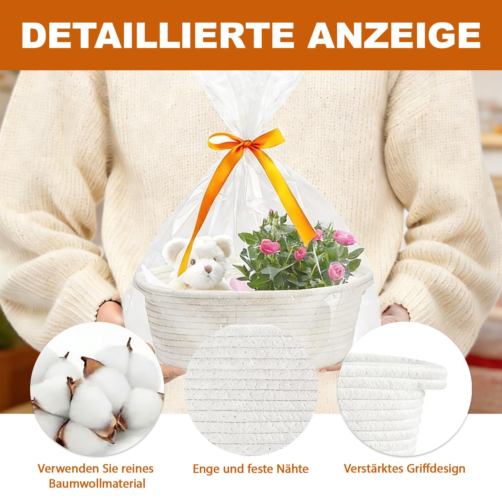 Panier cadeau vide tressé avec sacs cadeaux et rubans, panier de présentation vide pour fête prénatale, anniversaire, mariage, Pâques, Thanksgiving (blanc)
