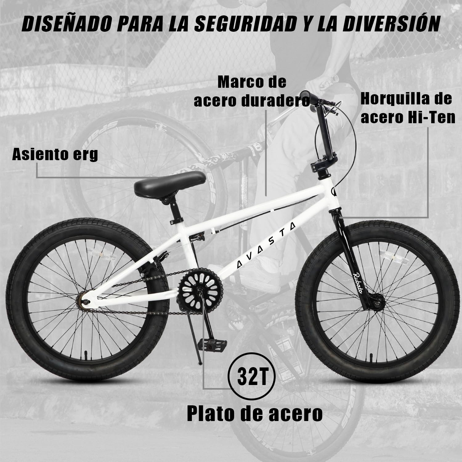 AVASTA Bicicleta BMX de 18 Pulgadas para niños de Estilo Libre para 5 6 7 8 años de Edad para niños niñas y Adolescentes Principiantes, Color Blanco