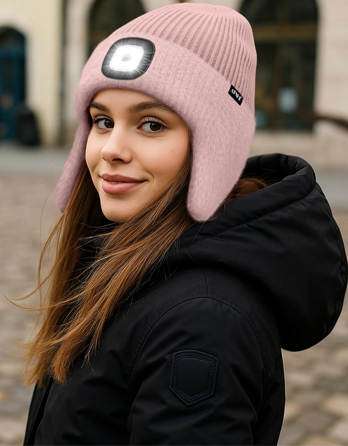ATNKE LED Lighted Lined Fleece Beanie Cap with Earflap, USB Rechargeable 4 LED Run Headlamp Hat Gifts for Men and Women