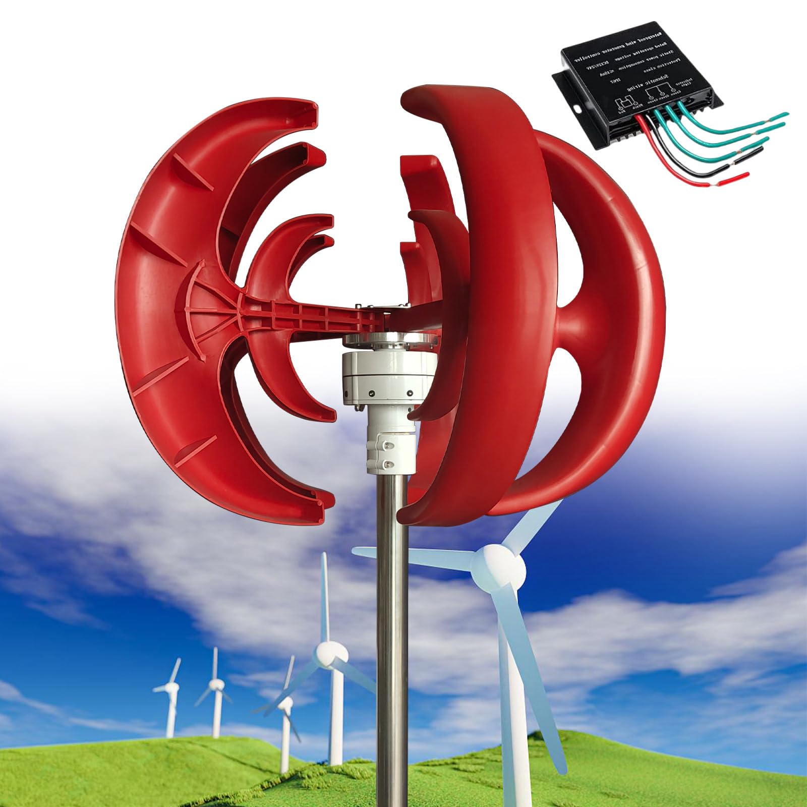 Wind Turbine Generator Kit, 12000W 12V/24V/48V Vertical Wind Turbine Electricity Set, 5 Blade Horizontal Wind Power Generator Kit for Home, Boat, Marine, Monitoring, Street Lighting,Red-24V