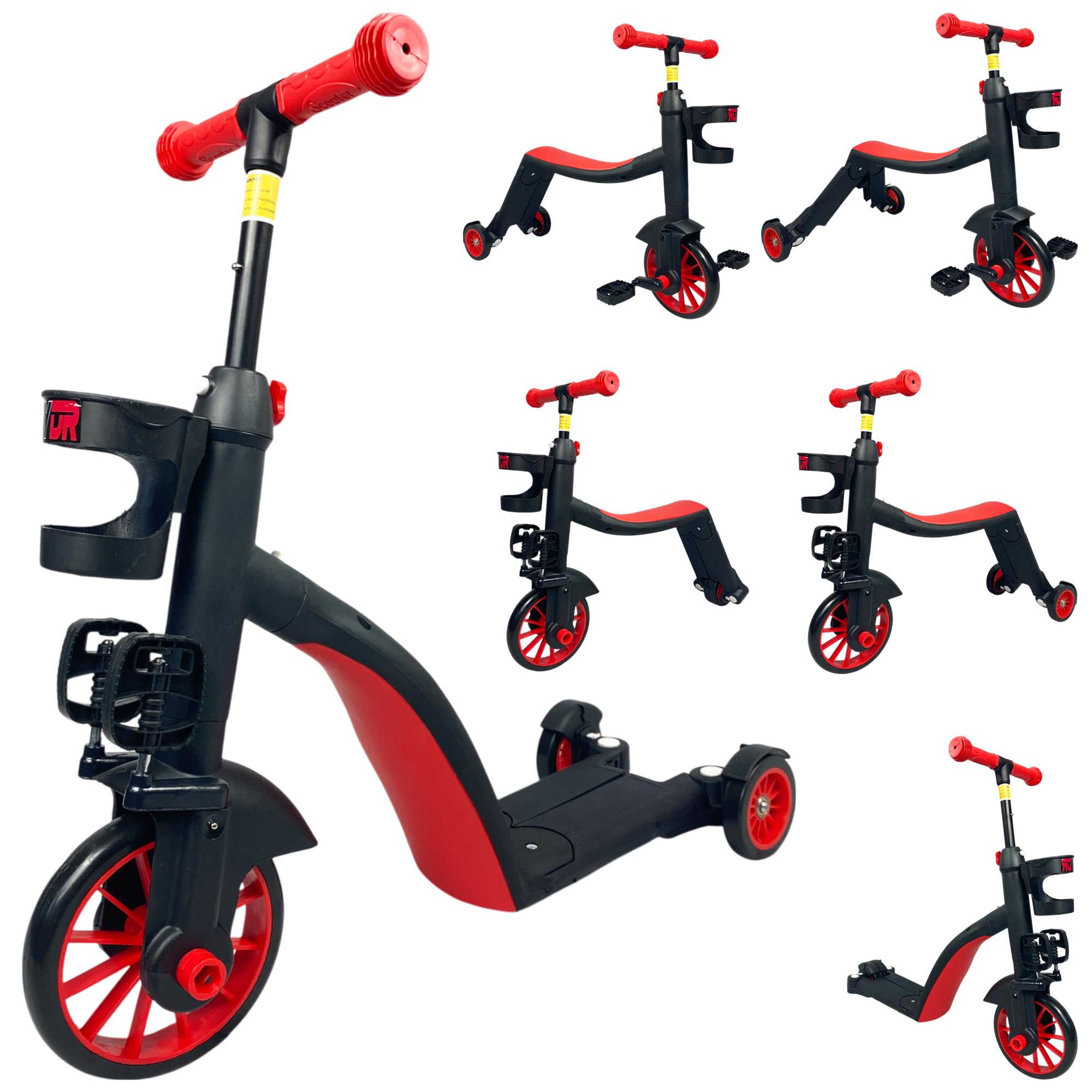 RYDR 3-in-1 Kids Scooter Tricycle Balance Bike – Adjustable Ride-On Toy for Ages 2–6, Converts to 2/3 Wheel Scooter, Trike, Pedal Bike, Adjustable Handle Height with Removable Pedals (Red)