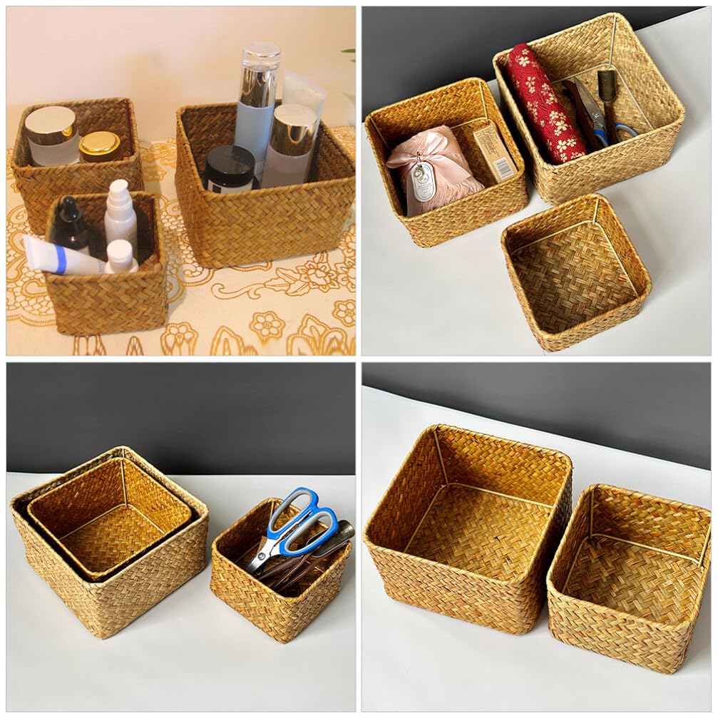 Alipis 3pièces Panier Mer Herbe Tissée Boîte De Rangement Carrée Multifonctionnelle Pour Cuisine Panier Pour Organiser Vos Affaires Maison