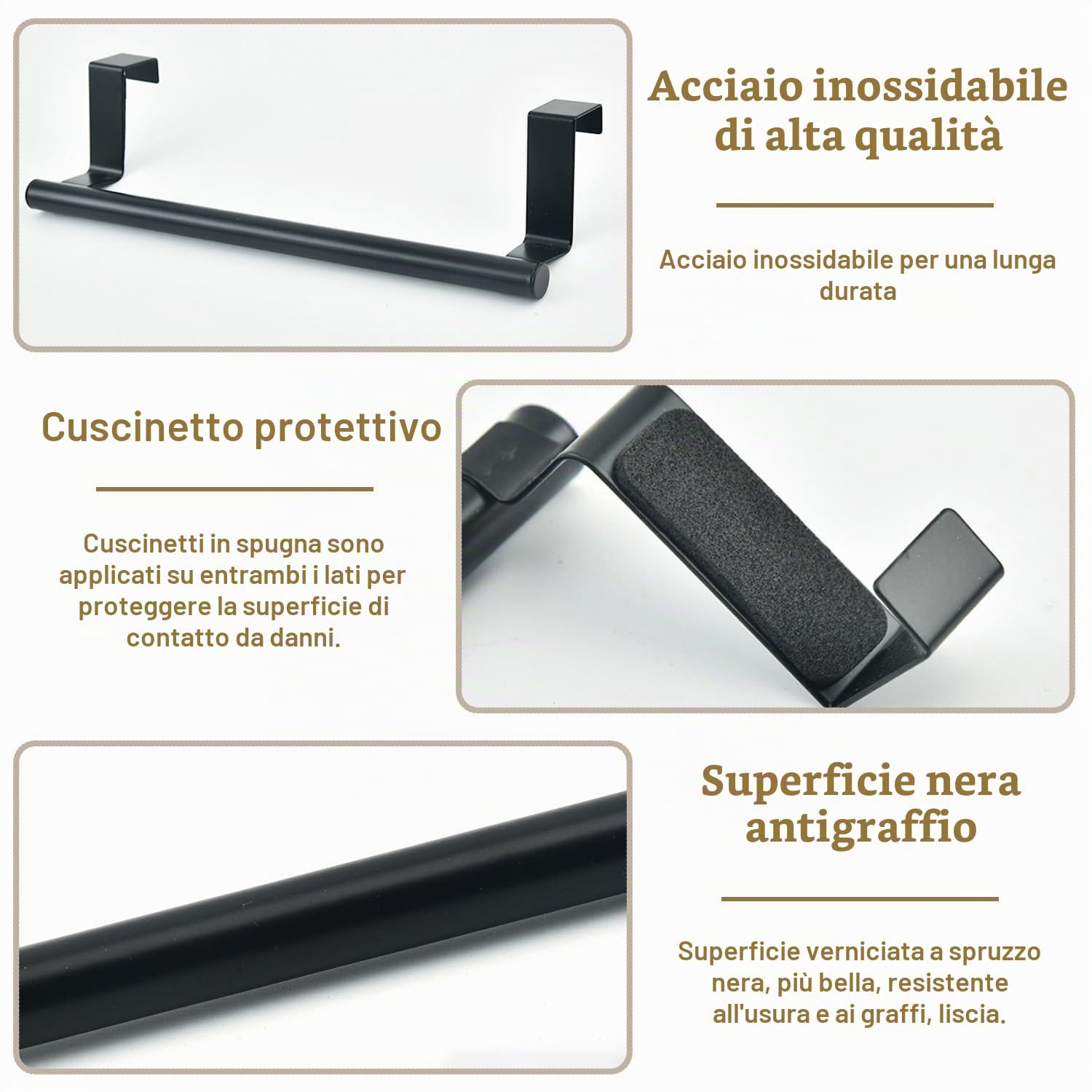 Portasciugamani da porta, in acciaio inox, porta asciugamani da cucina, da appendere, (non è necessario forare), per appendere gli asciugamani, 24 cm di lunghezza, nero.