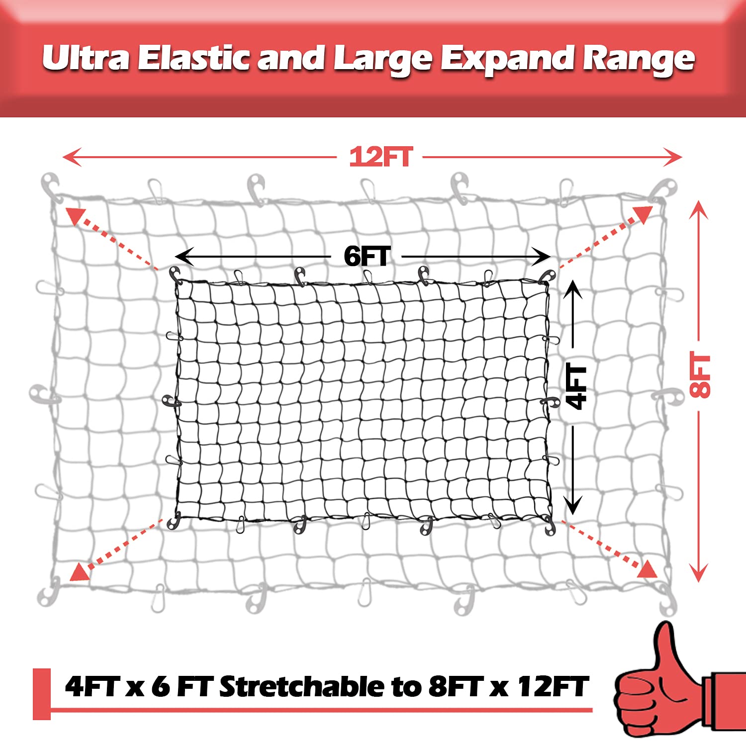 Red de Carga de látex Natural súper Resistente para Caja de camioneta de 4 x 6 pies, se estira hasta 8 x 12 pies, 12 mosquetones + 12 Ganchos, Red elástica de Malla pequeña de 4 x 4 Pulgadas