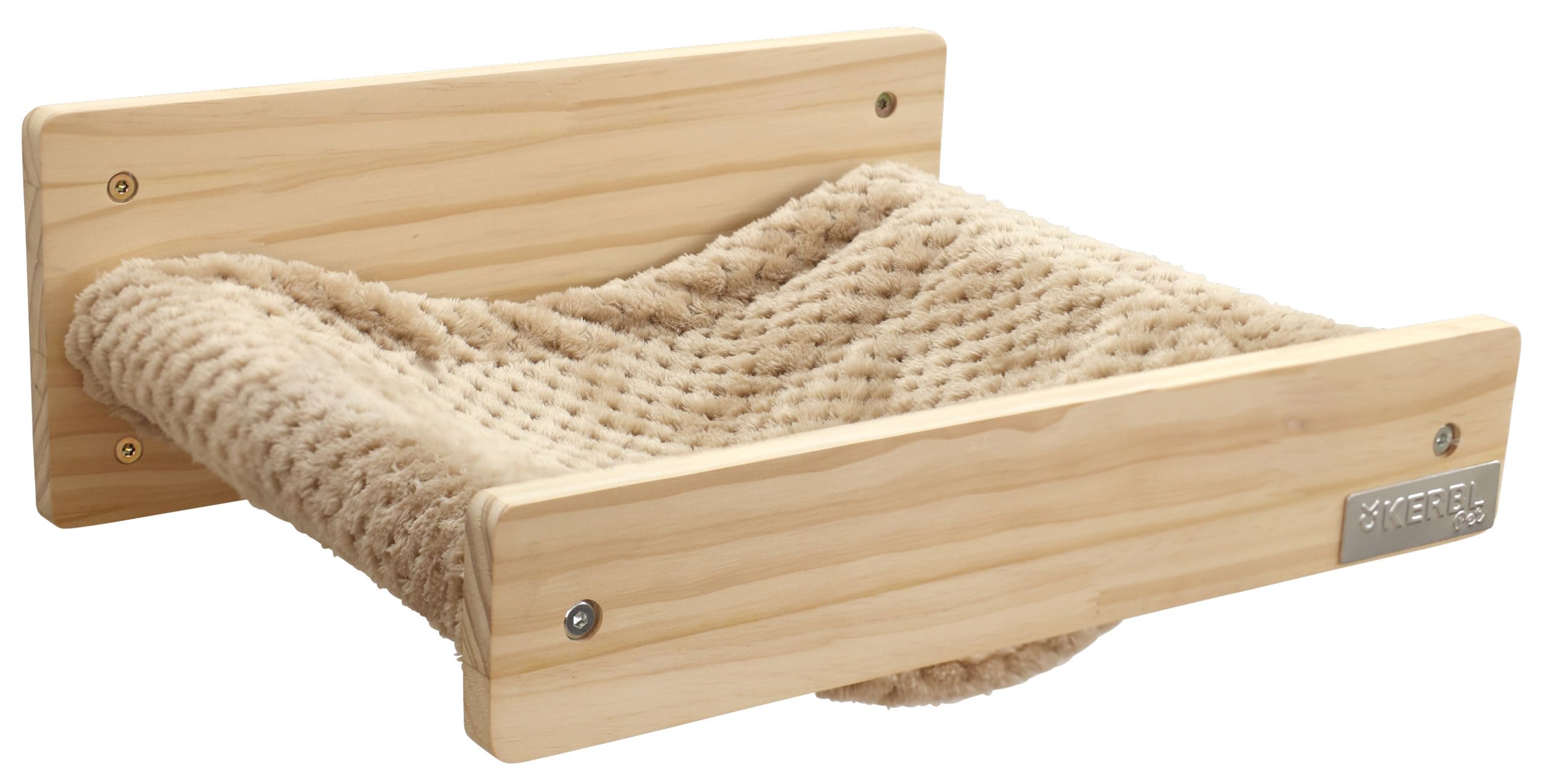 Kerbl Pet Hamaca de Pared Timber, Hamaca para Gatos, Natural/Topo, 38x33,5x16 cm, Madera, Felpa Suave, Gatos, Montaje en Pared
