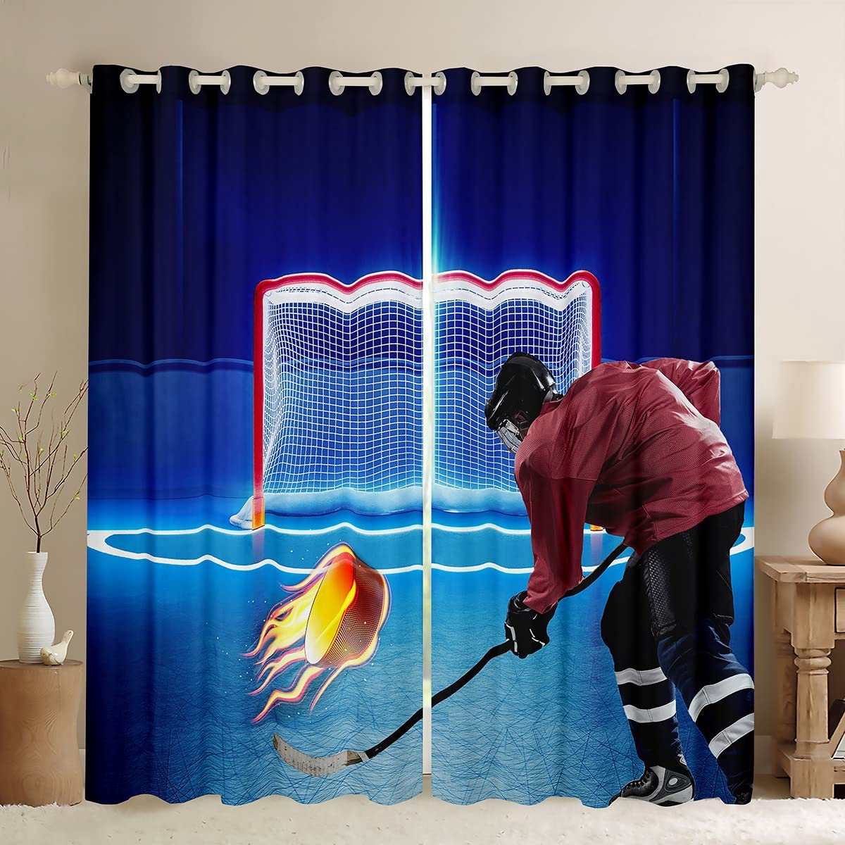 Ice Hockey Curtains Sports Theme Window Curtains for Bedroom Living Room for Boys Men 3D Ball Pattern Window Drapes Chic Ice Hockey Game Blue Luxury