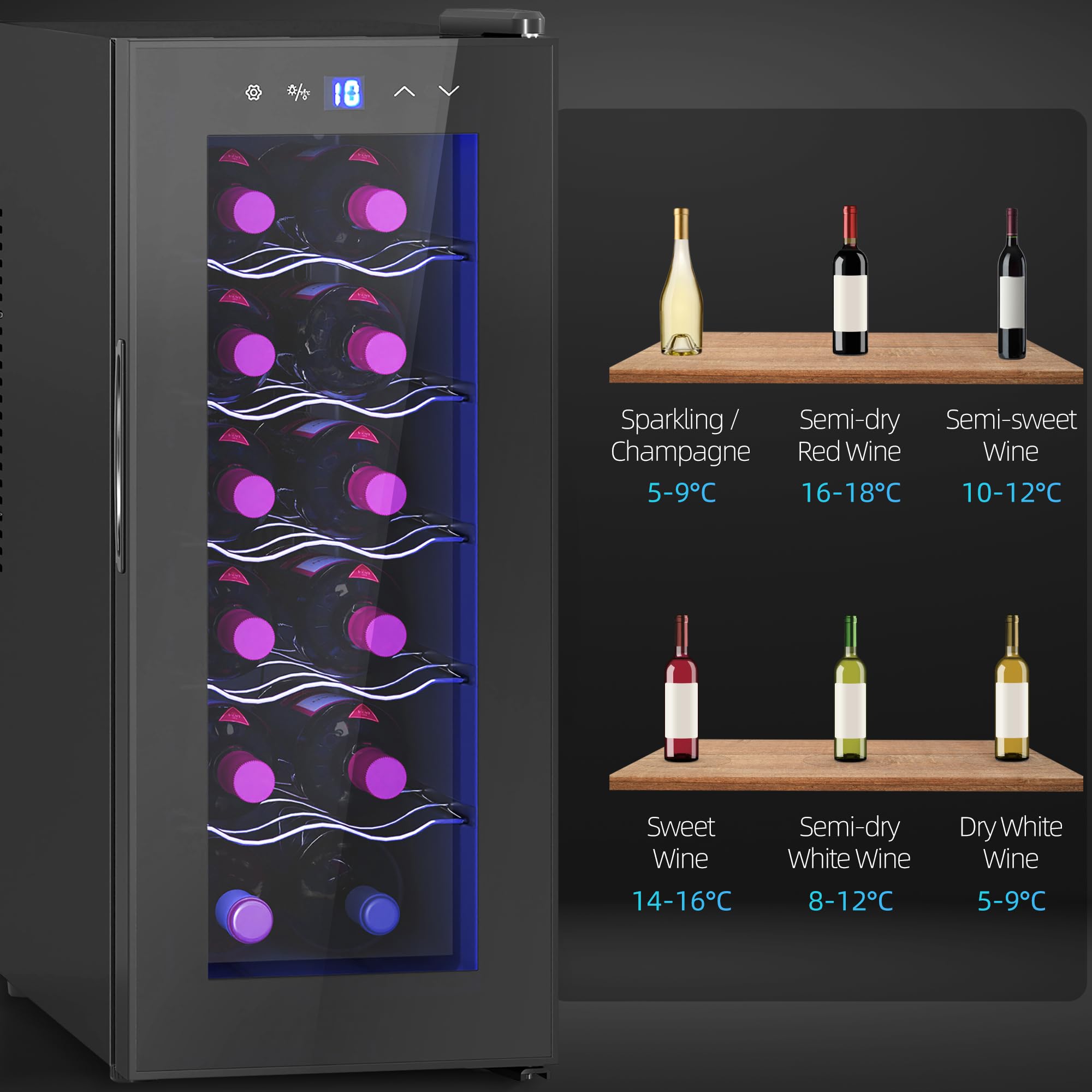 HOMCOM Vinoteca 12 Botellas, Nevera para Vinos con Doble Refrigeración Termoeléctrica, Temperatura Ajustable 8-18℃, Silencioso 37db, Puerta de Vidrio, Anti-UV, Pantalla LED, Luz Interior, Negro — view 9