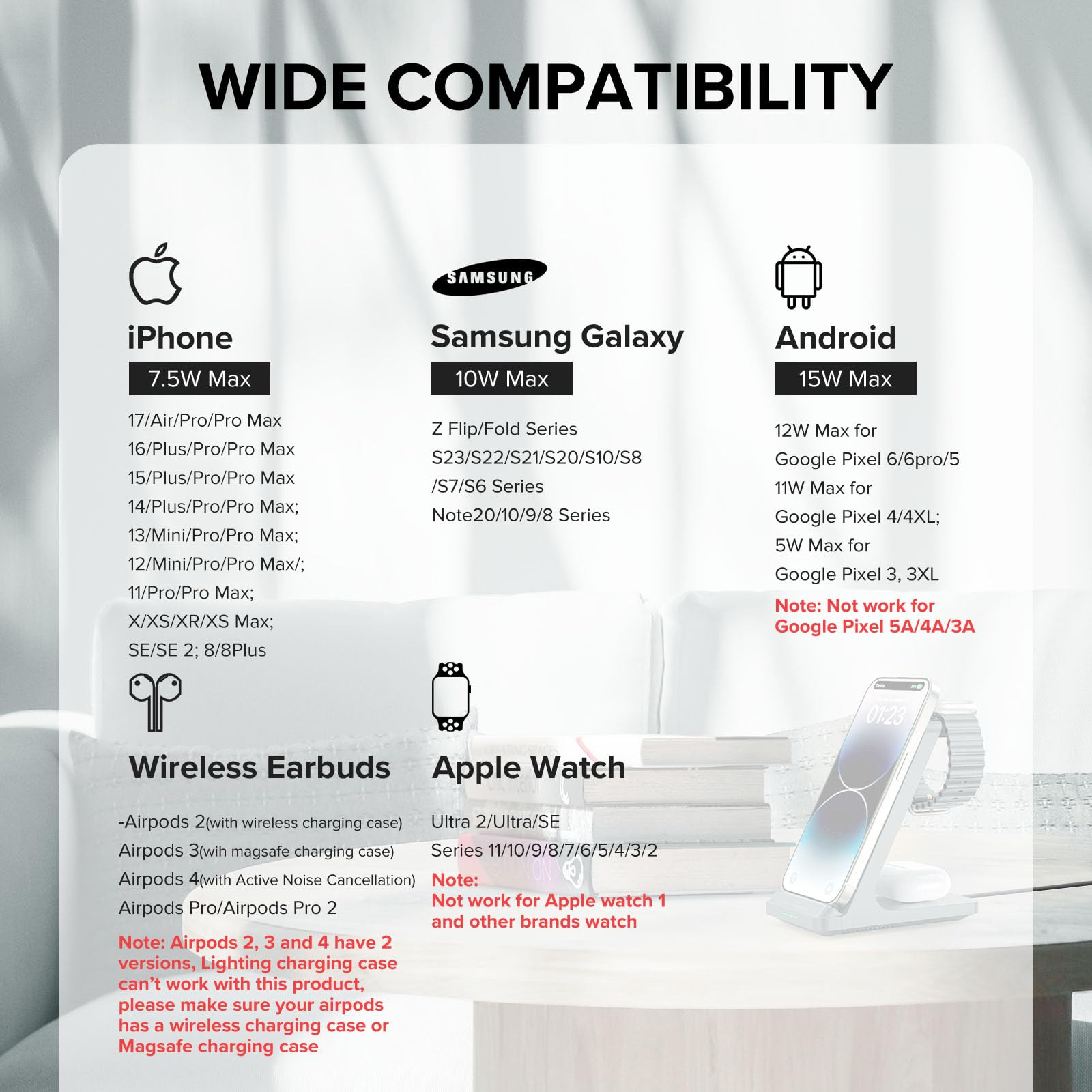 Station de charge sans fil 3 en 1 pour plusieurs appareils Apple Watch Ultra Series 11-1/SE, iPhone 17 16 15 14 13 12 11 Pro Max/Plus/Mini/XS/XR/SE, pour Airpods