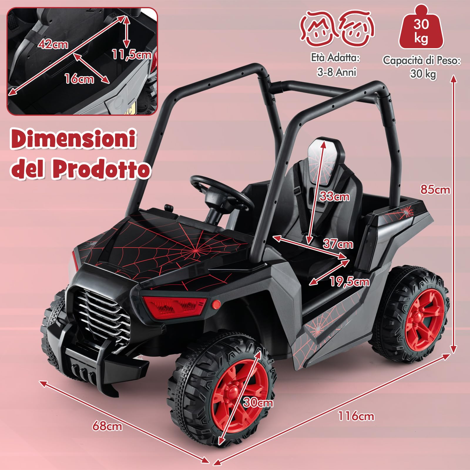 COSTWAY 24V Macchina Elettrica per Bambini, UTV Elettrico con Telecomando Cintura di Sicurezza a 3 Punti, 3 Velocità 2,5-4,5 km/h, Partenza Lenta, Veicolo per Bambini di 3-8 Anni (Nero+rosso)
