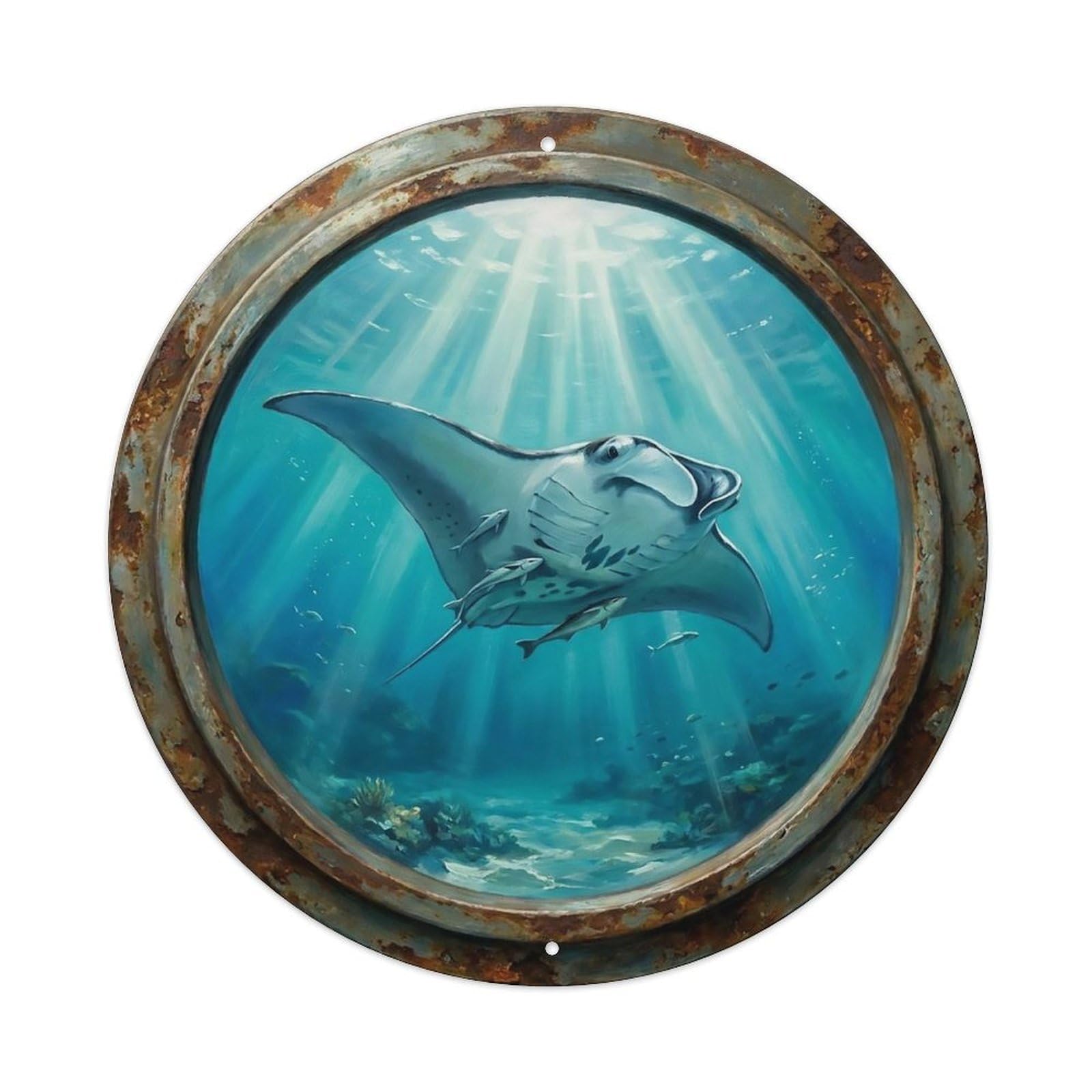Vintage Porthole Manta Ray Soar Ship Window Undersea Deep Sea Metal Tin Sign