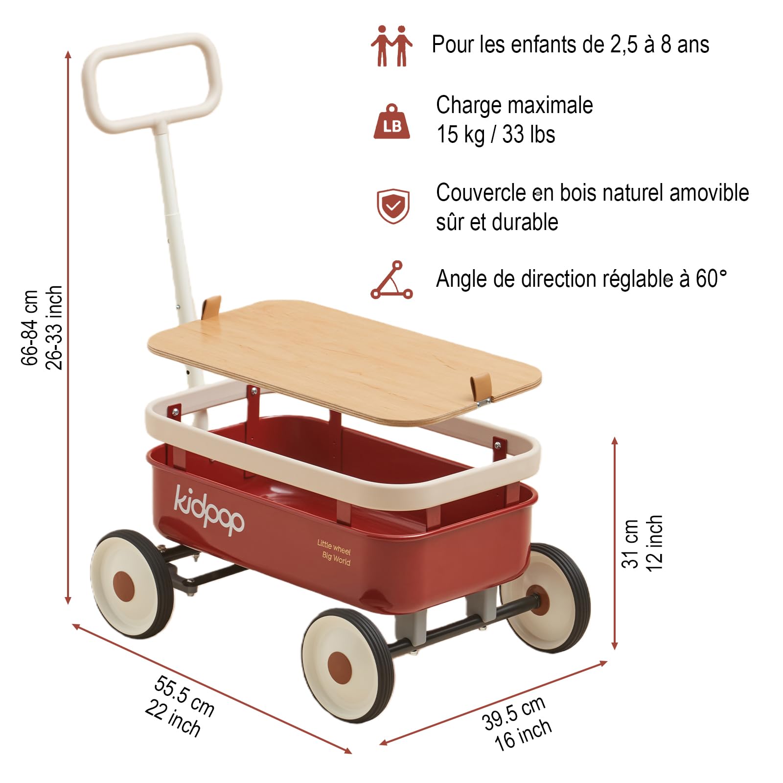 kidpop PULA-Wild 3 en 1 Chariot à Main pour Enfant 2,5 à 8 Ans, Couvercle en Bois Amovible et Guidon réglable, Cadeau d'anniversaire, Poids Maximum 16 kg, Rouge