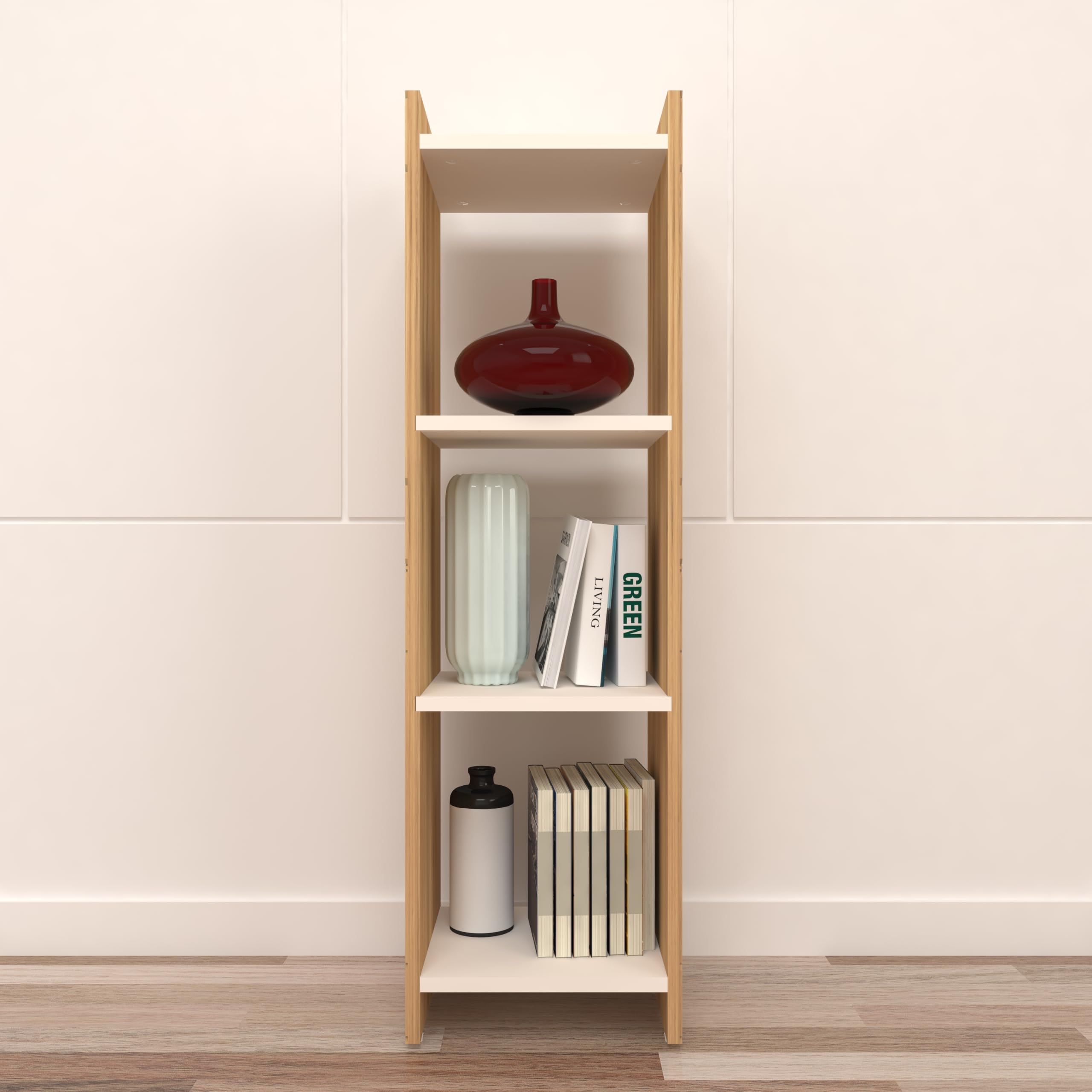 Grovia 4-Tier Display Unit | Designer Groove Pattern | Engineered Wood Open Floor Standing Display Unit | Dual Tone – Wood Oak Light & Frosty White | DIY (Do-It-Yourself)-image-36
