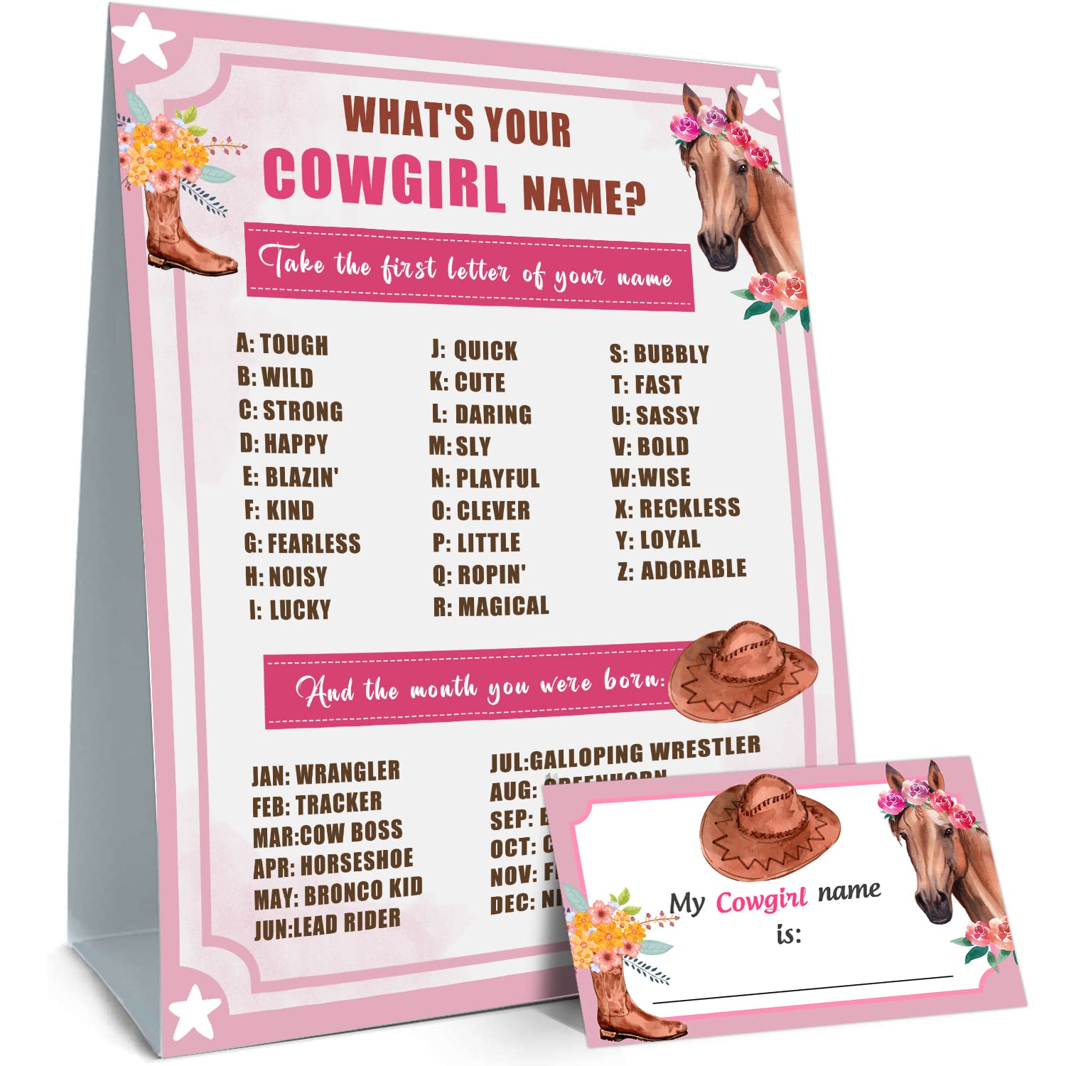 What's Your Cowgirl Name, Cowgirl Birthday Party Sign for Girls, Holiday Activity, Kids Cowgirl Activity Cards, Cowgirl Activity Decoration Supplies(1
