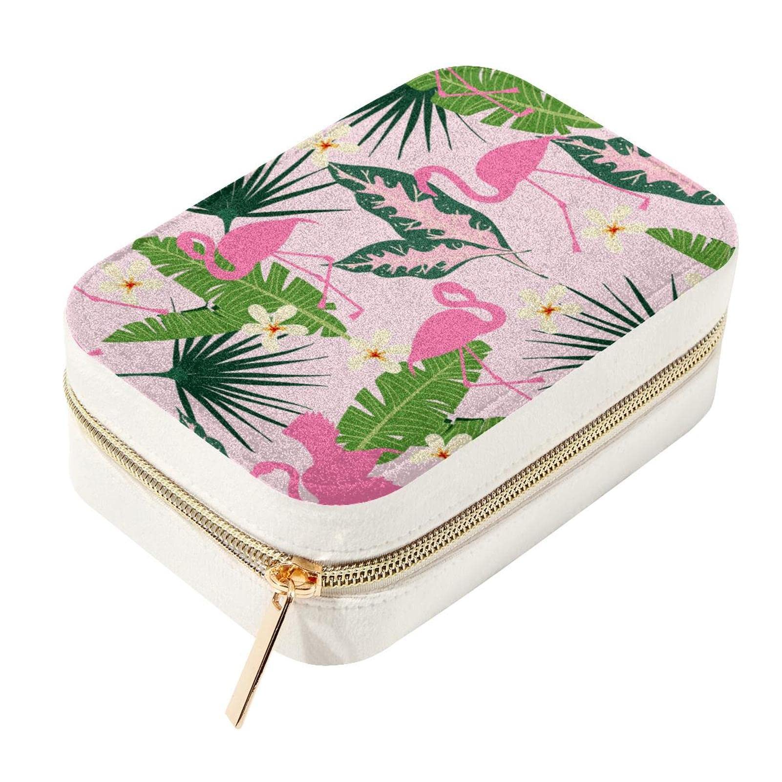 Boîte à bijoux de voyage velours mini organisateur portatif flamant rose et palmier