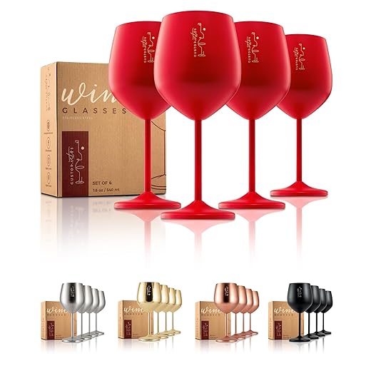 Gusto Nostro Stainless Steel Wine Glass - 18 oz - Cute, Red Unbreakable Wine Glasses for Travel, Camping and Pool - Fancy, Unique, Cool Portable Metal Wine Glass for Outdoor Events, Picnics (Set of 4)