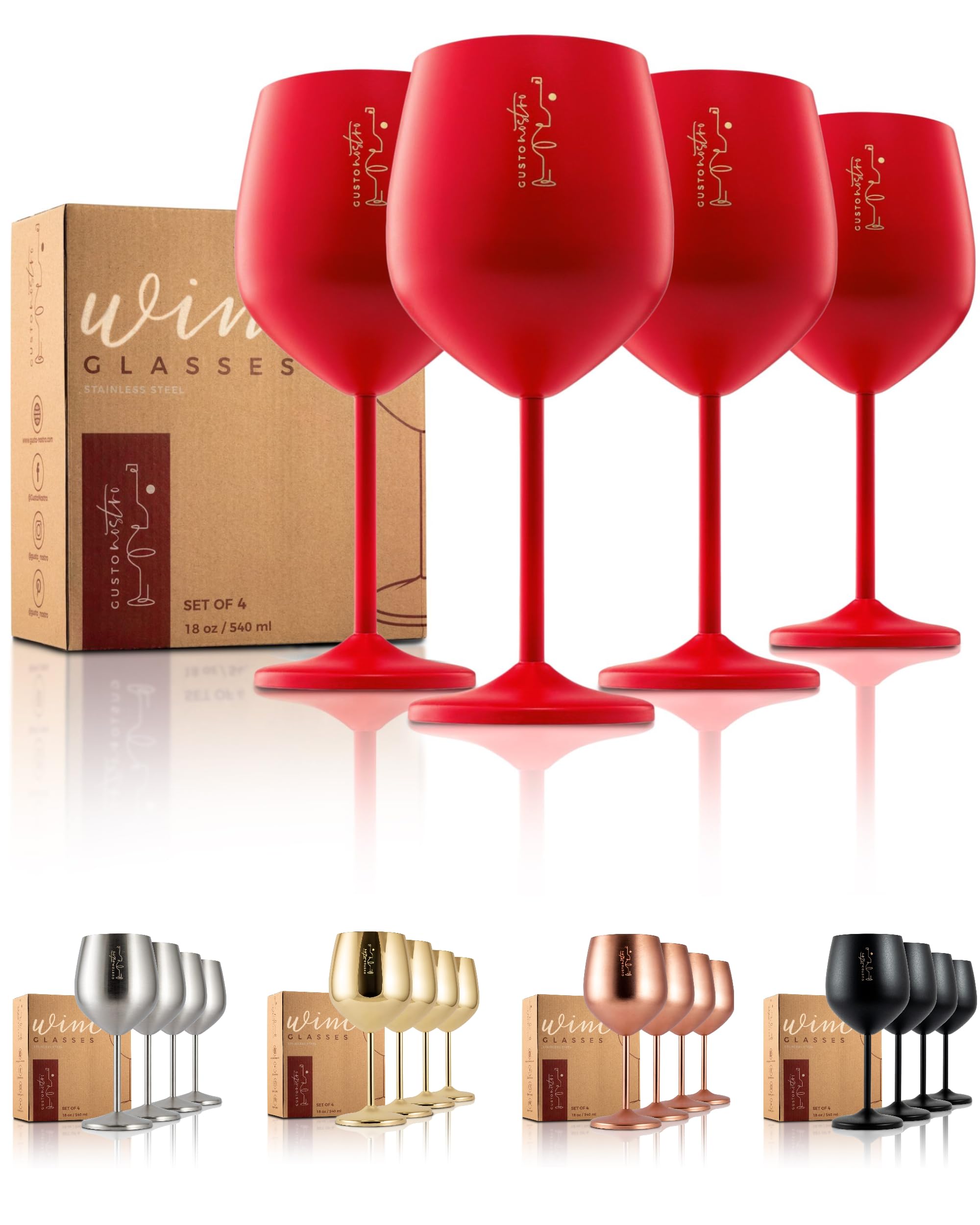 Gusto Nostro Valentine’s Day Gift Stainless Steel Wine Glass – 18 oz Red, Unbreakable Colorful Wine Glasses for Travel, Camping and Pool – Cute, Unique Metal Wine Glass for Outdoor, Picnics (Set of 4)