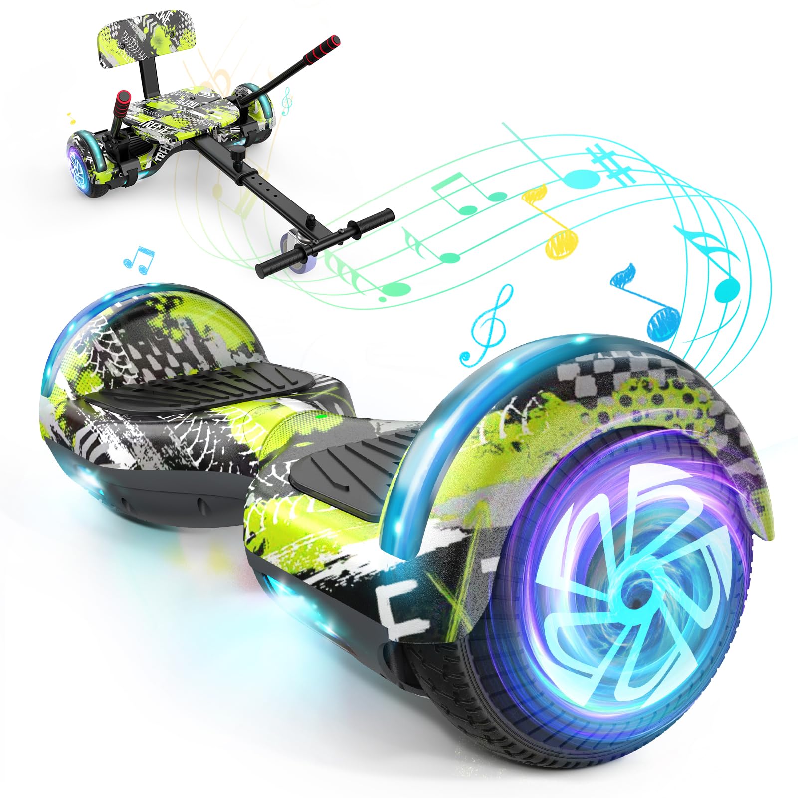 Trottinette avec siège réglable, Hoverboard auto-équilibré à deux roues de 6,5 pouces, avec haut-parleurs Bluetooth et lumières LED tendance