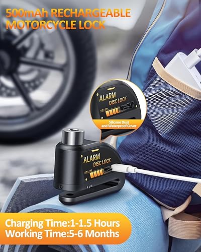 Miniatura 3 de ONVIAN Candado de motocicleta recargable con cable antirrobo de alambre de acero de 6 pies, alarma de motocicleta de 120 dB con modo de reposo, para