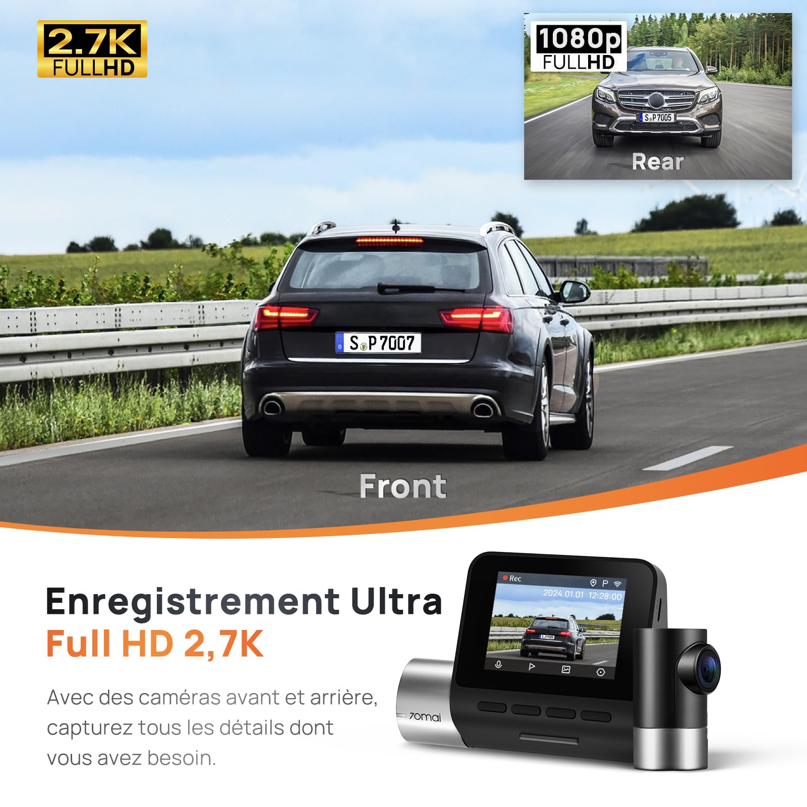 70mai 2.7K Dashcam Voiture Avant Arriere A500S Full HD Dash Cam Camera Voiture 1944P+1080P avec GPS Voiture et WiFi Intégrés, Enregistrement en Boucle, Mode Parking 24H et ADAS, Contrôle Via App