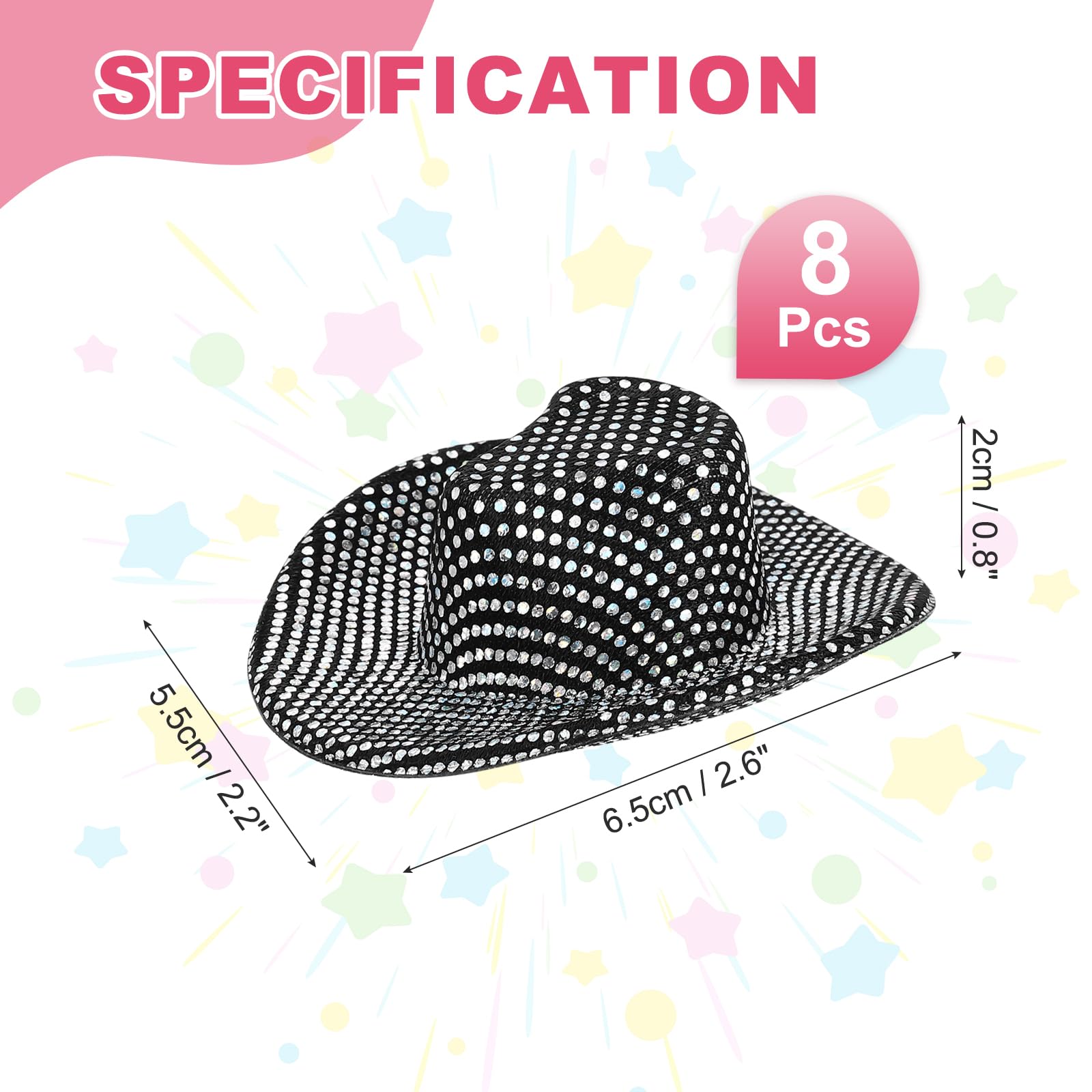 PATIKIL Mini Cowboy Hats, 8 Pcs Miniature Western Cowboy Hat for Crafts Party Decoration, Doll Pet Dress Up, Glitter Dot Style, Black - Image 2