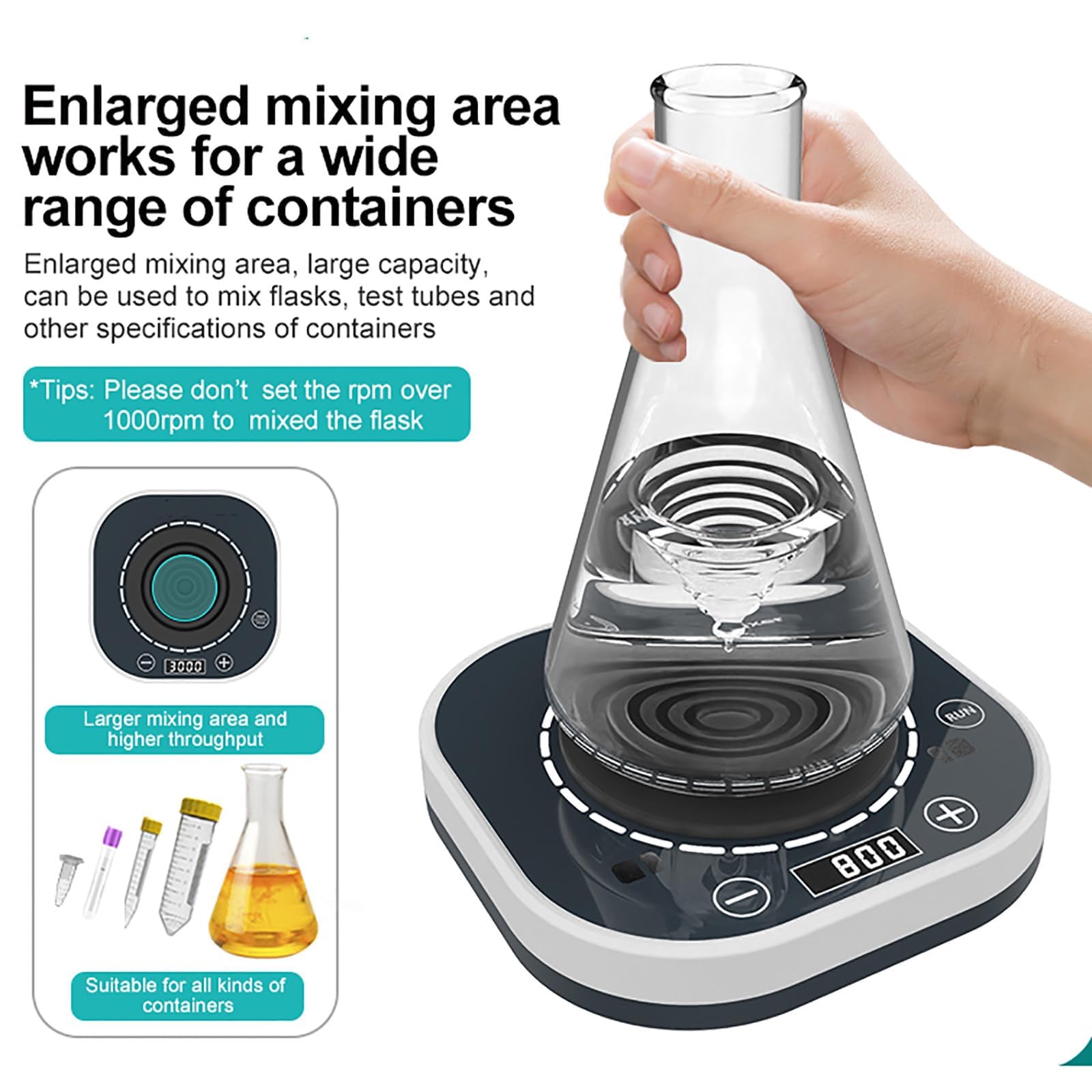 Vortex - Mezclador digital, oscilador digital con velocidad ajustable 100-3000 rpm, control táctil, función de detección y luz de ambiente de funcionamiento para uso en laboratorio