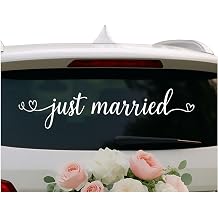 Just Married Vinyl Decal White Wedding Car Rear Window Sticker with Hearts, Romantic Wedding Send-Off, Removable & Easy to Apply, 26x6 Inch