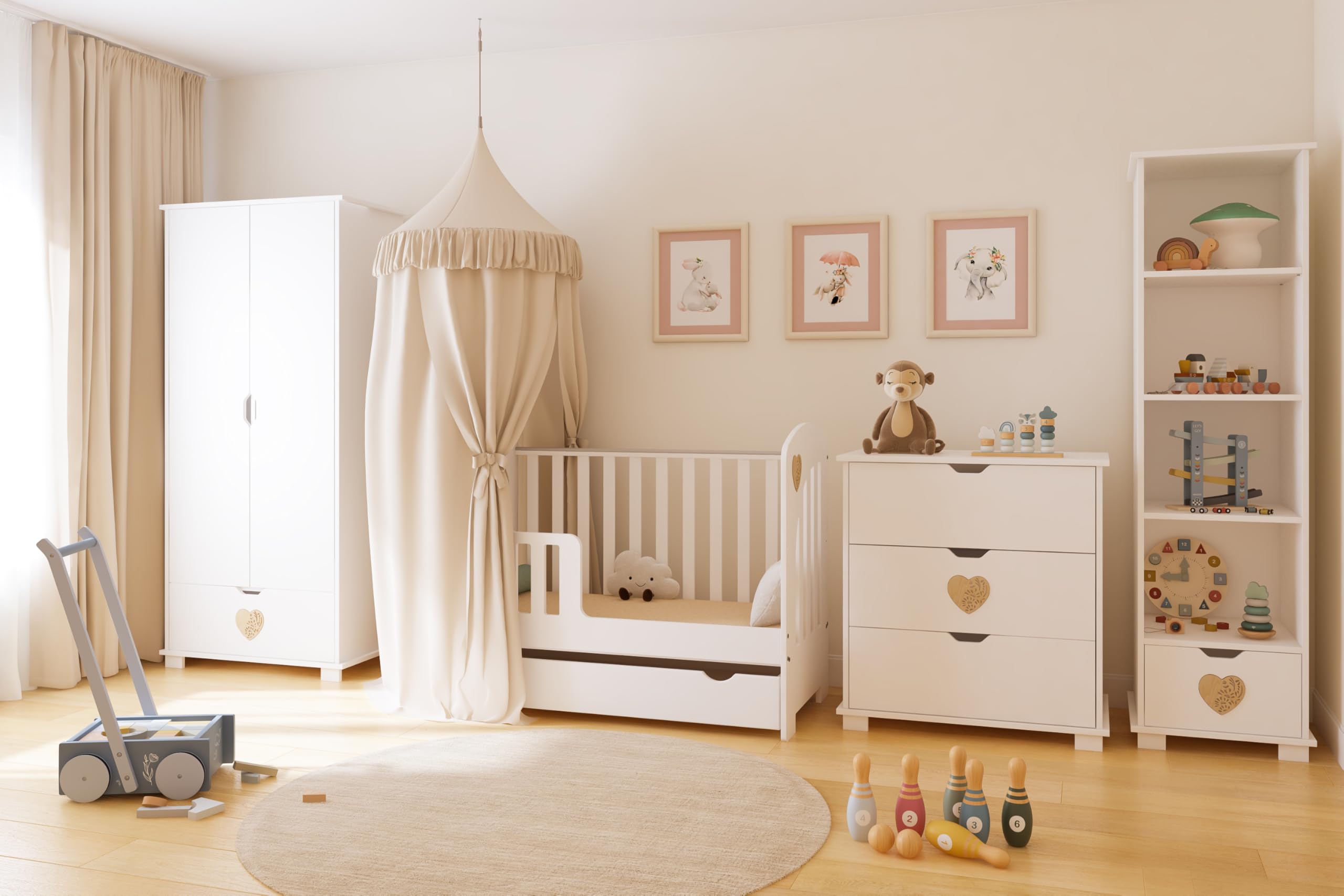 zee Heart Set Habitación Bebé Blanco 2 en 1, Cuna 120x60 cm con Cajón Convertible en Cama Infantil, Cómoda Cambiador con Cambiador, Diseño Escandinavo, Corazón Natural