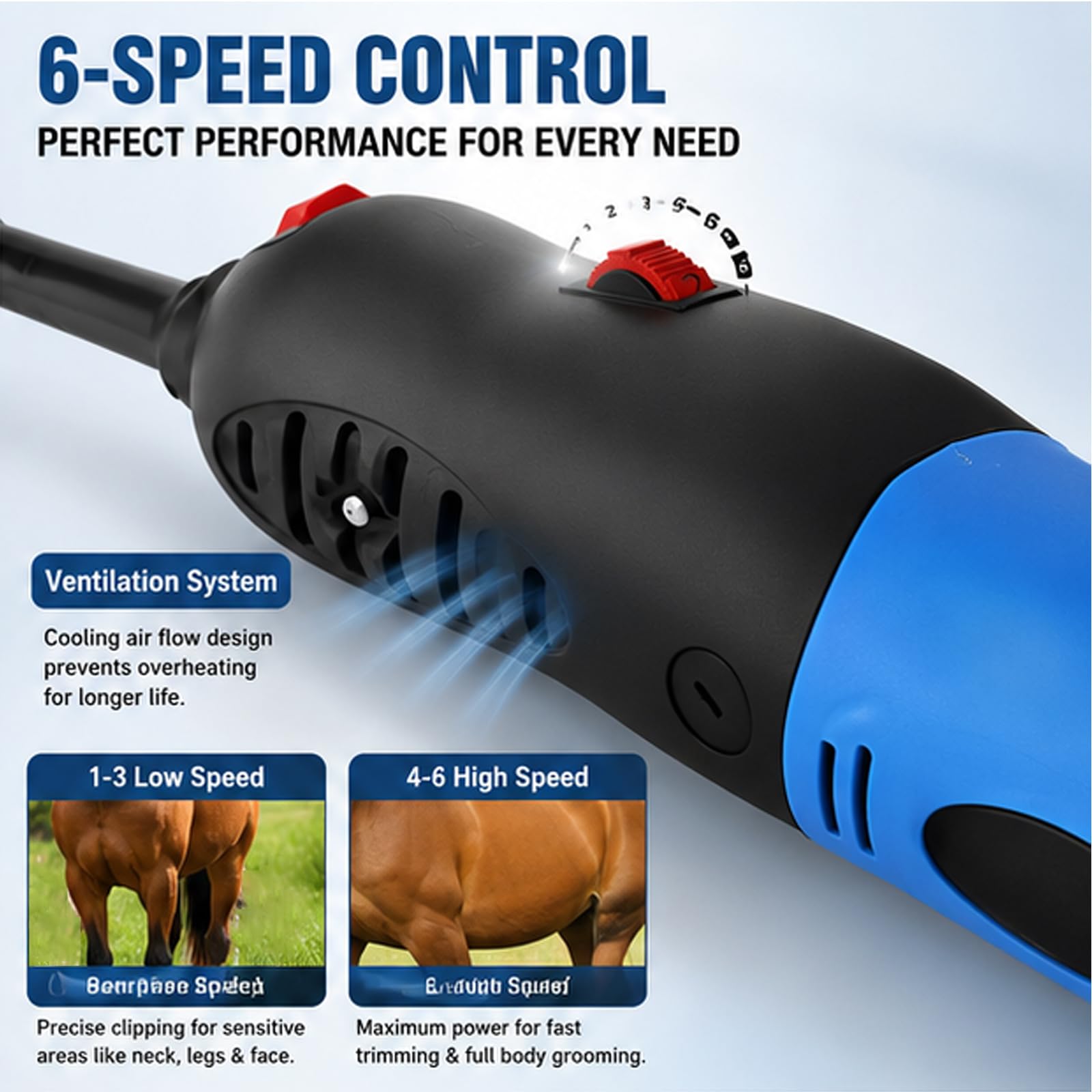 Tosatrici elettriche per cavalli, kit professionale per toelettatura peli animali con 6 velocità regolabili, cesoie per bestiame a basse vibrazioni, trimmer resistente per cavalli, pecore, bovin Blue