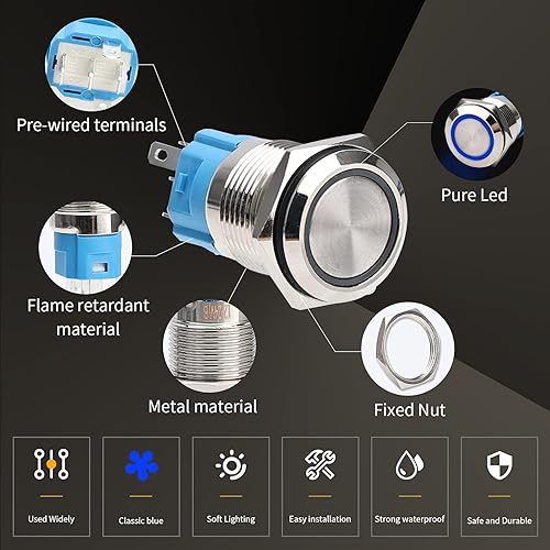 Miniatura 4 de STARELO 5 interruptores de botón LED momentáneos de 0.630 in, carcasa plateada, interruptor de botón impermeable IP65, 1NO 1 NC con enchufe de